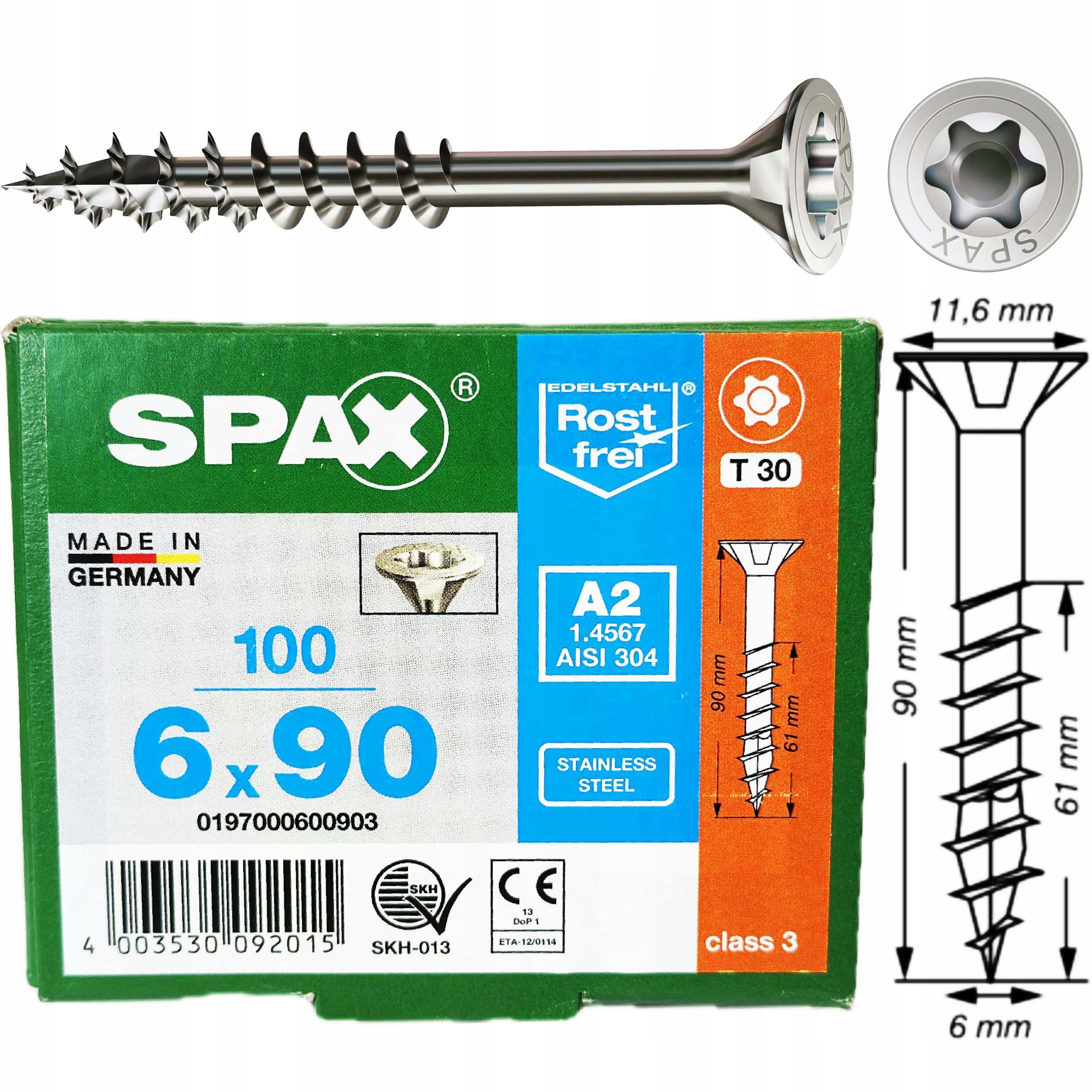 Wkręty Nierdzewne 6x90 mm wkręty do drewna 100szt Stal Szlachetna A2 Spax