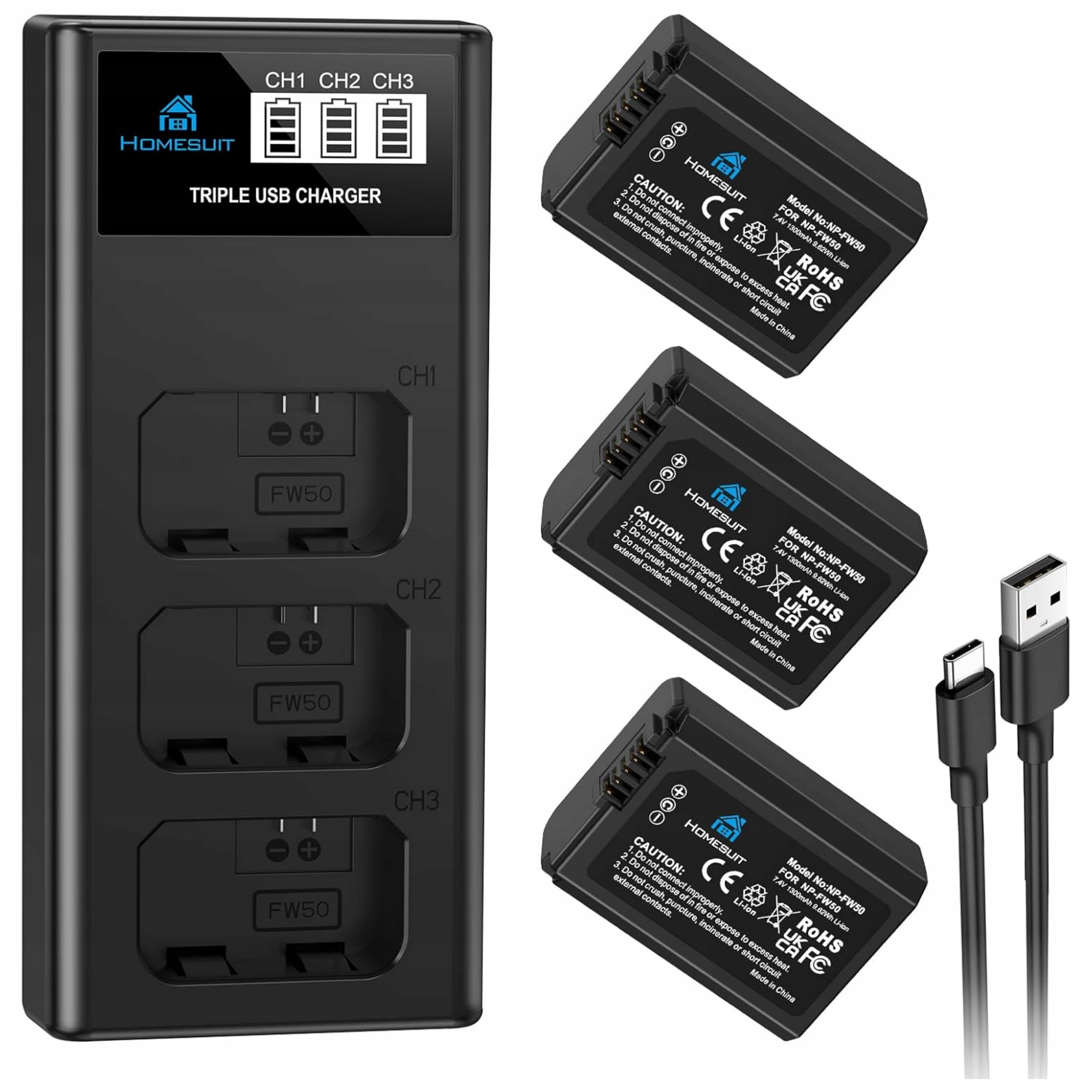 Nabíječka 3x baterie pro fotoaparát Sony A6000 A6500 1300 mAh LCD sada