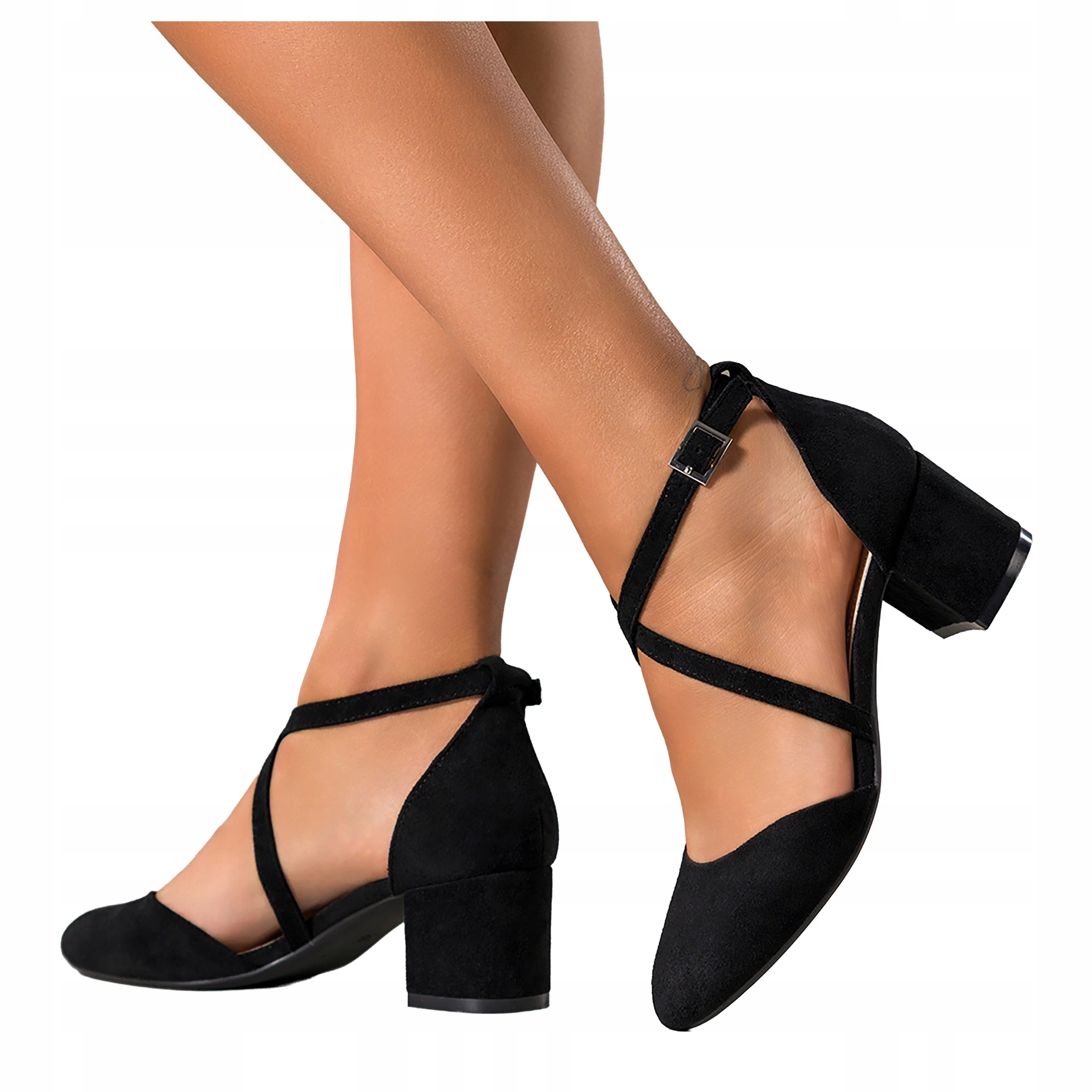 Dámské Lodičky Černé Pásky na kříž Pohodlné Módní Široký Sloupek vel. 38