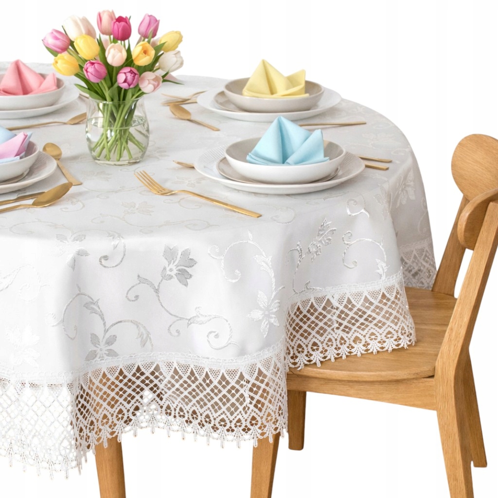 Ubrus na Kulatý vánoční stůl, nešpinivý Bílý s krajkou 140x140 cm, Kruh