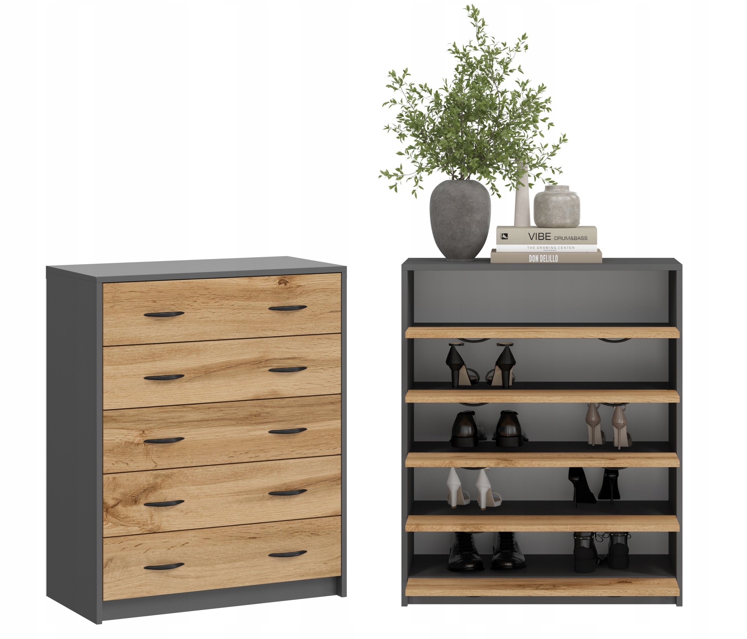 SZAFKA NA BUTY,KOMODA 5K ANTRACYT DĄB WOTAN