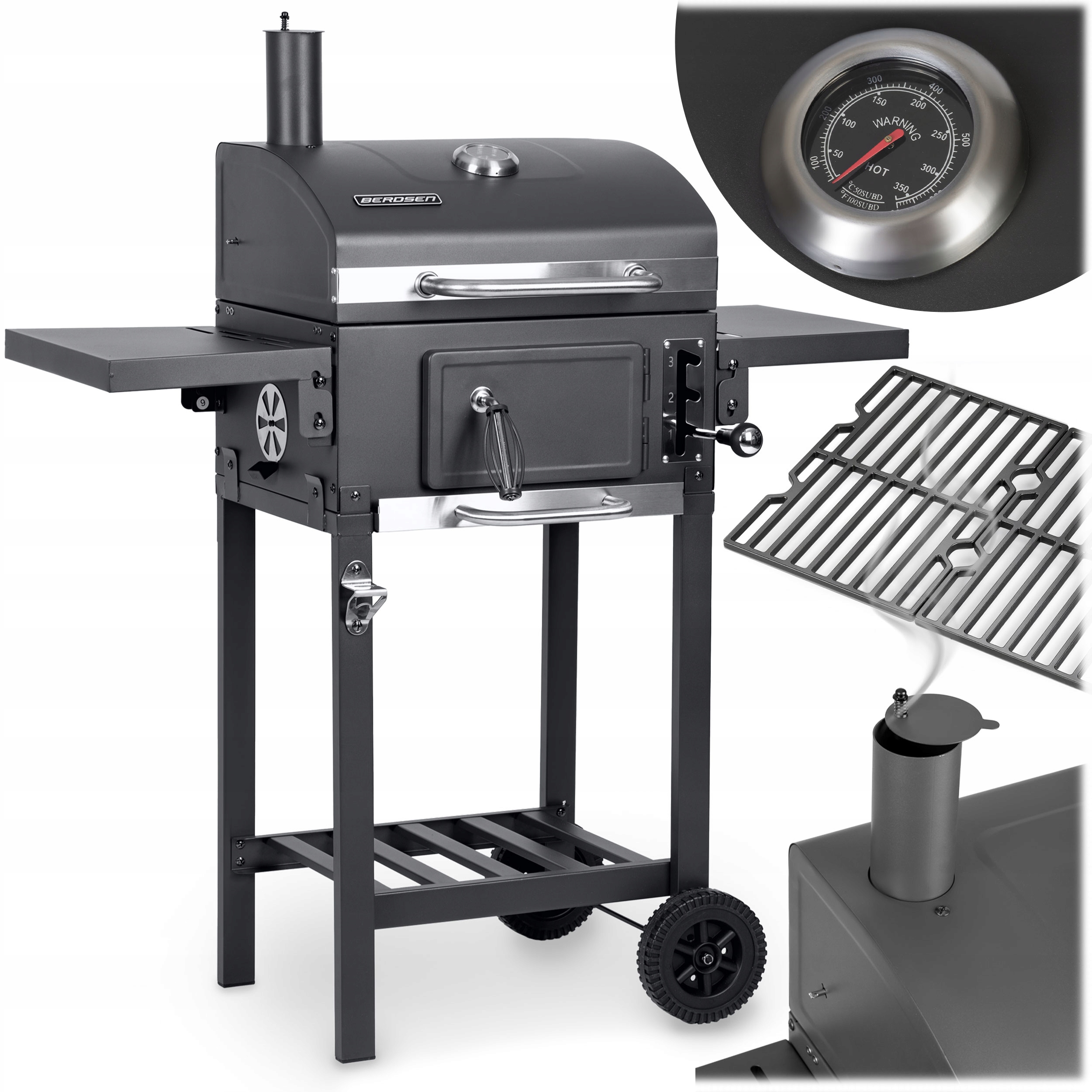Grill Węglowy Ogrodowy Komin Żeliwny Ruszt Z Pokrywą Popielnik Termometr