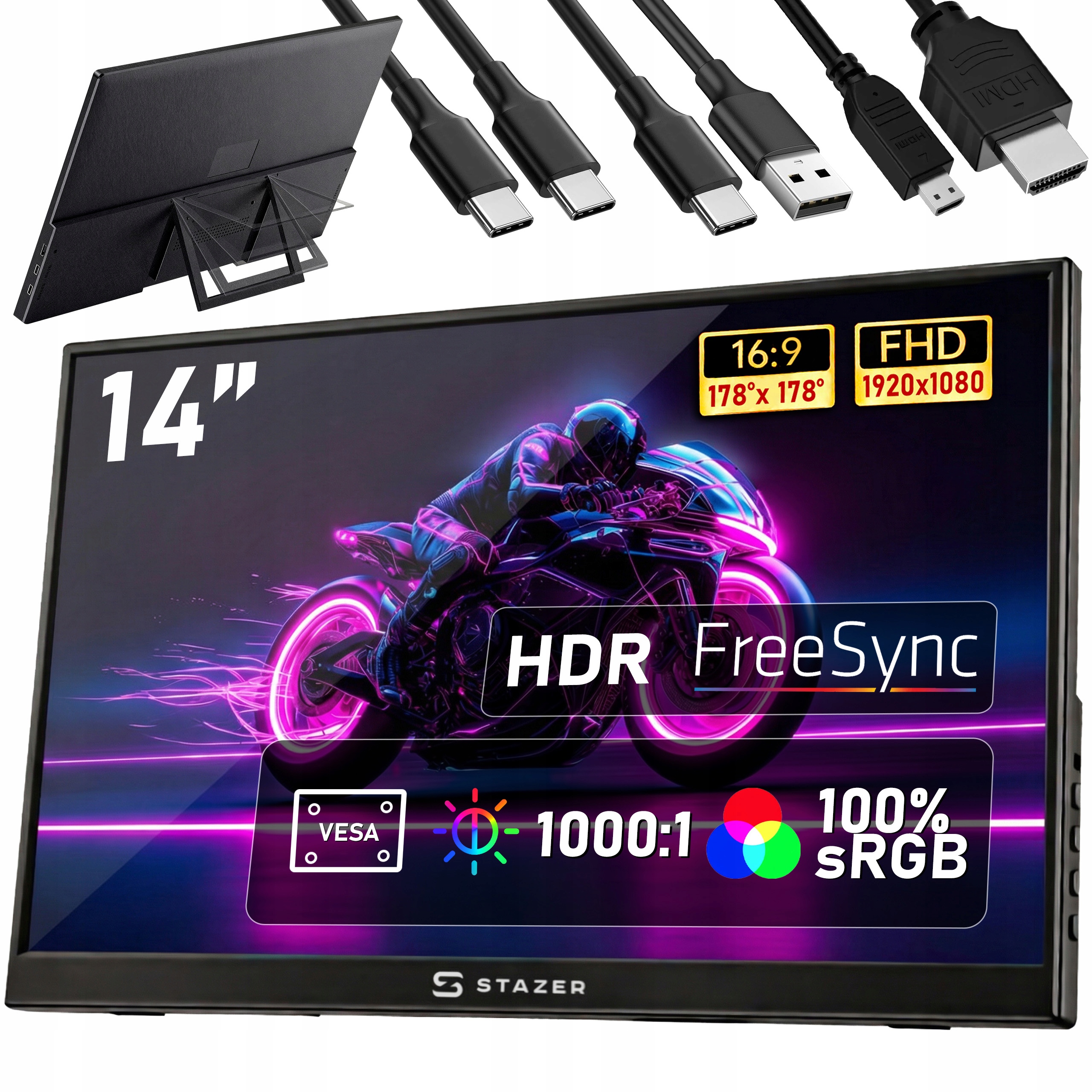 Monitor przenośny do laptopa telefonu 14 cali LCD Ips Wuxga 1920x1200 60hz