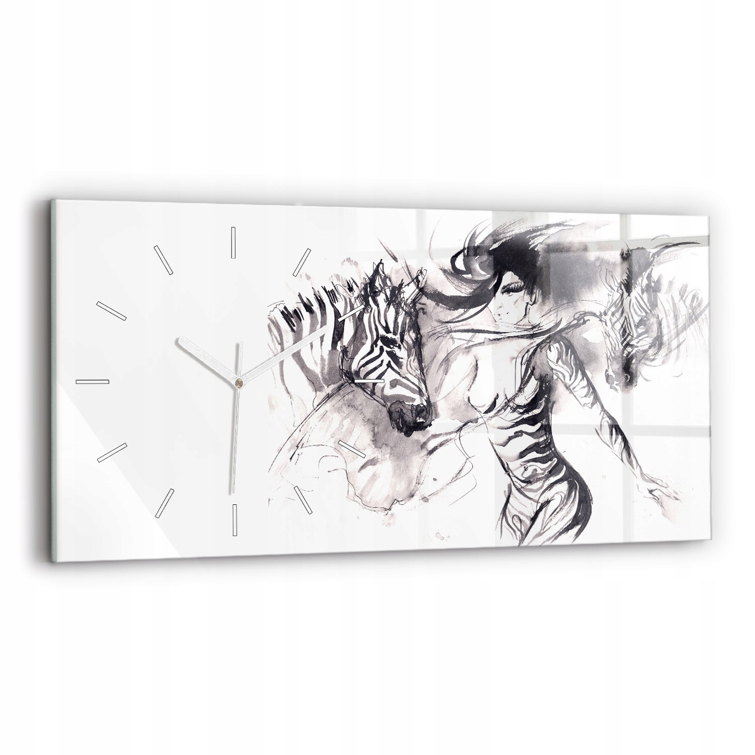 Moderní skleněné hodiny s nástěnnou grafikou 60 x 30 cm Žena a zebry