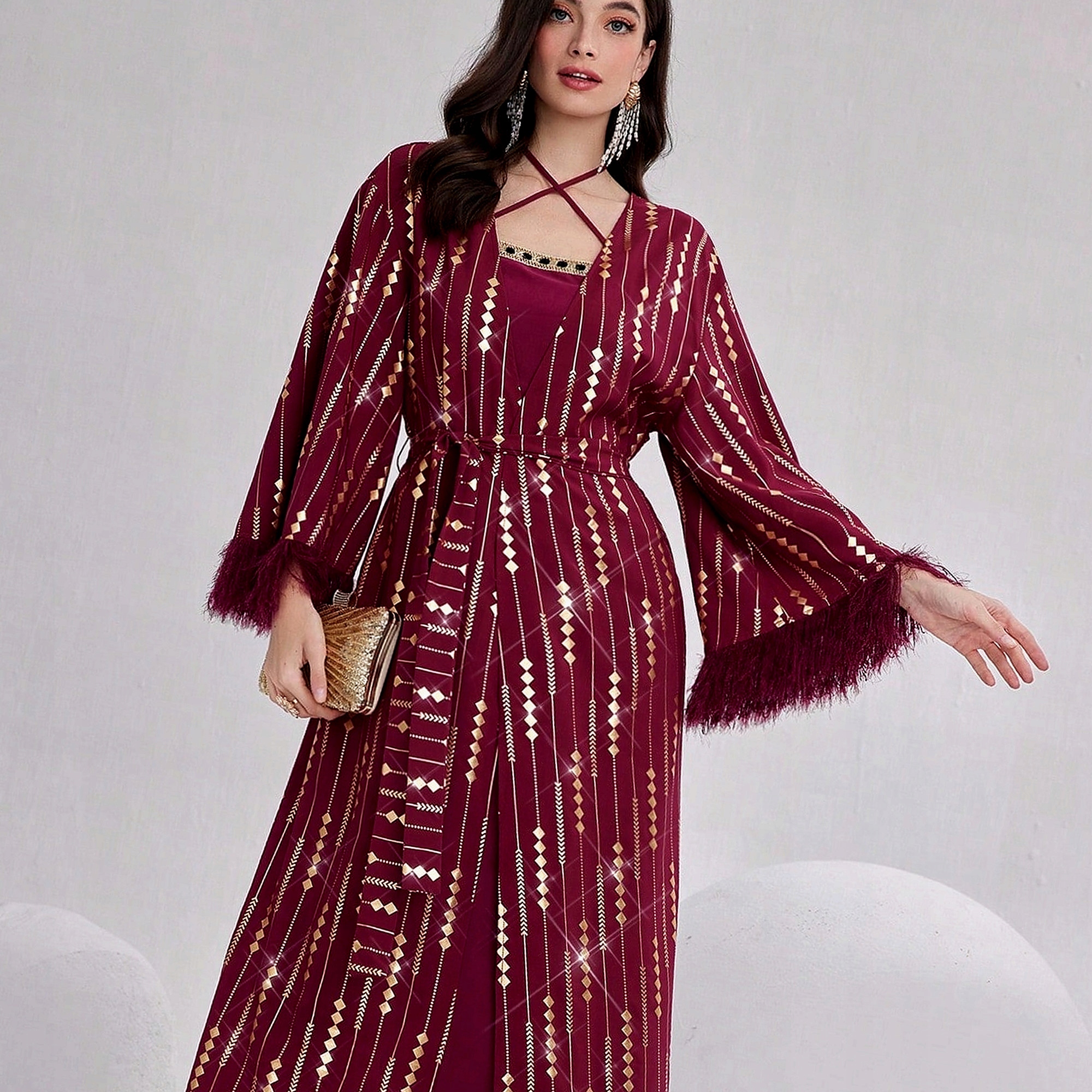 Šaty Burgundsko-zlaté dvoudílné v arabském stylu, velikost M 38