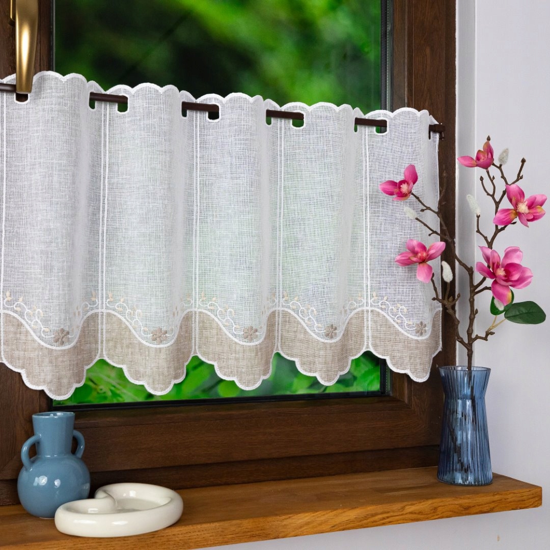 Vitrážová Záclona, Vyšívaný Béžový Vzor, Imitace Lnu – 185 cm šířka x 40 cm výška