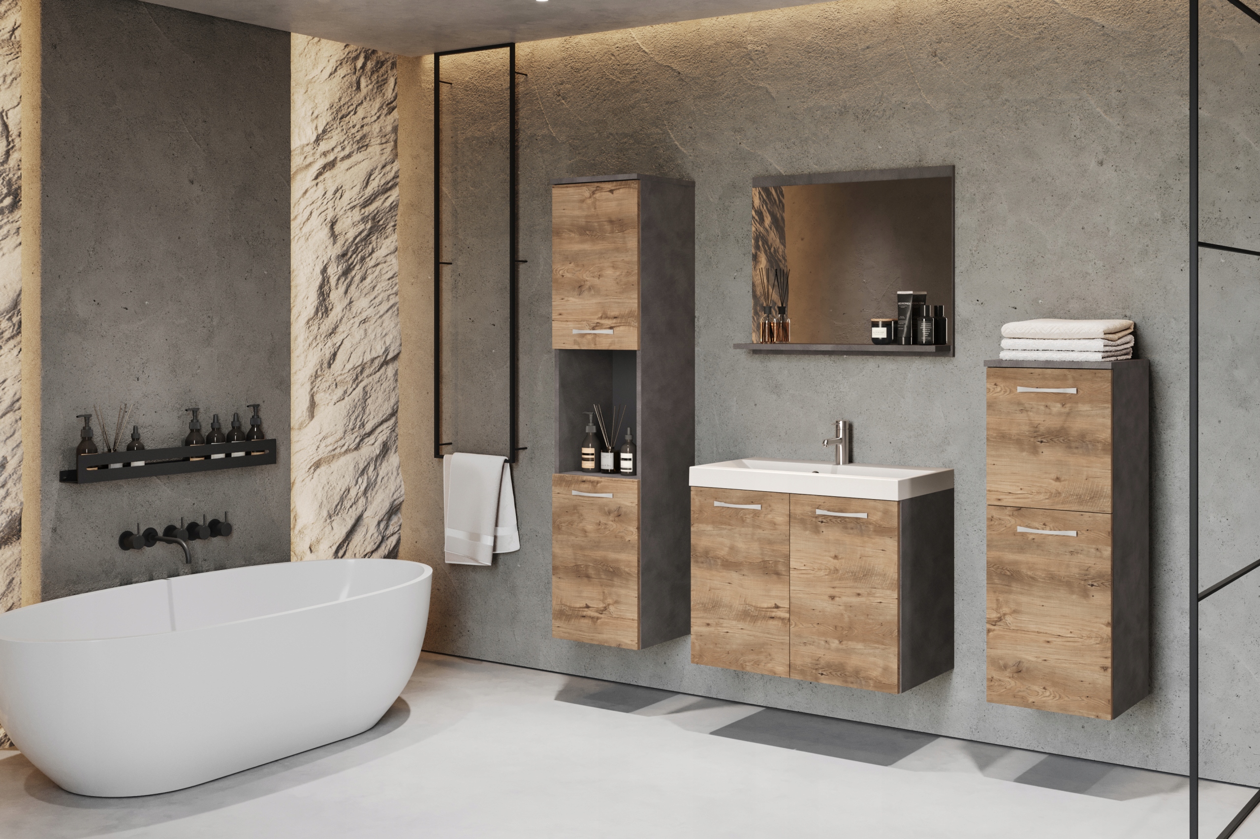 Meble łazienkowe MALO, lustro, umywalka DĄB LEFKAS Kolor frontów dąb lefkas