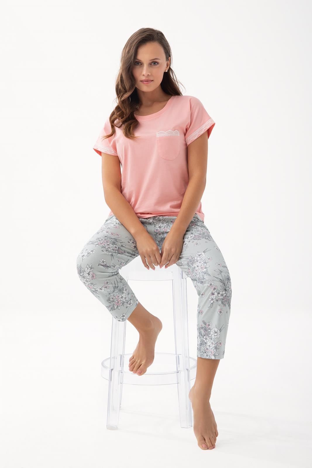 Dámské pyžamo Luna kód 342 korálové s krajkou, zelené kalhoty s květinami 3XL