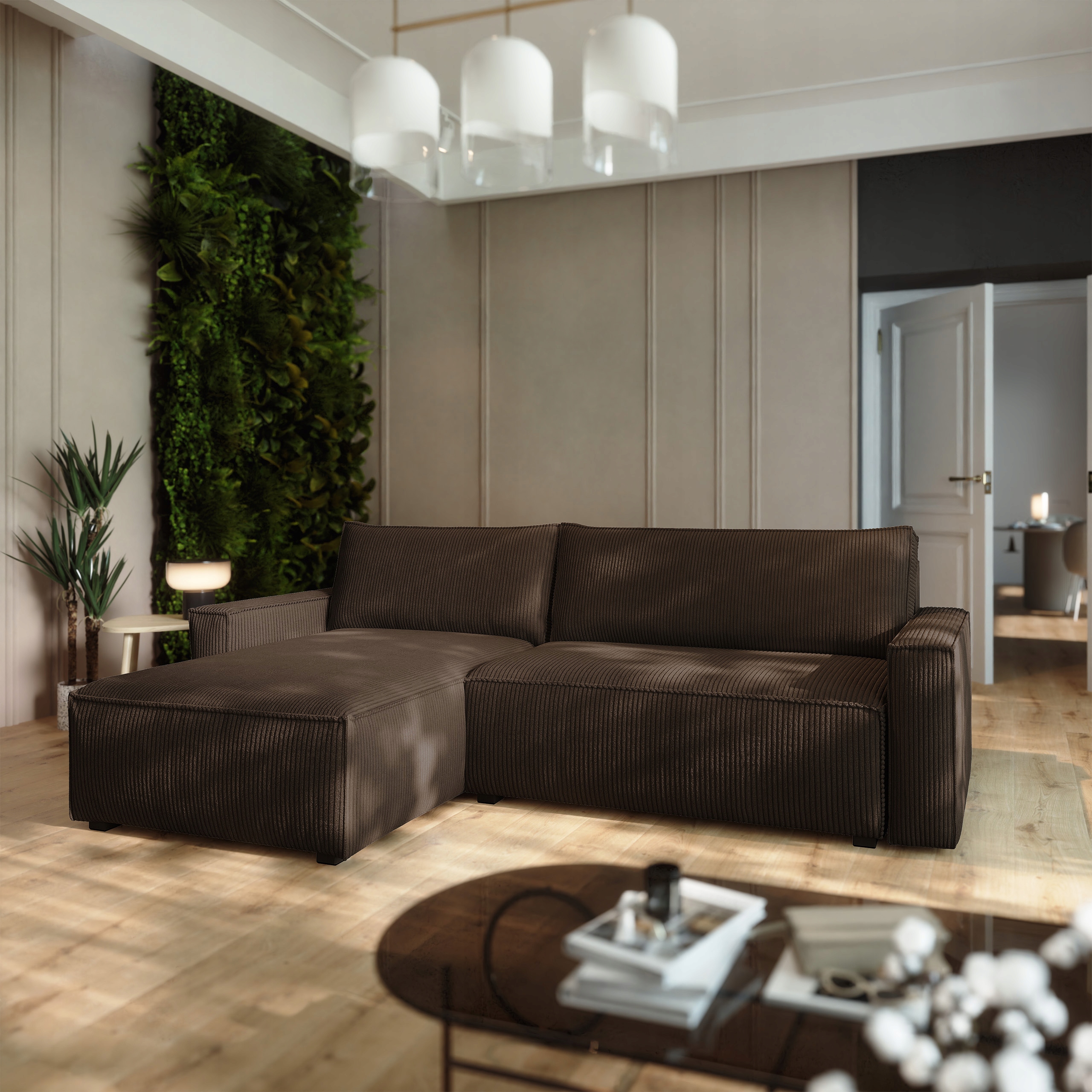 Rohová Sedací Souprava Besmir Funkce Spaní Moderní manšestr Hnědá