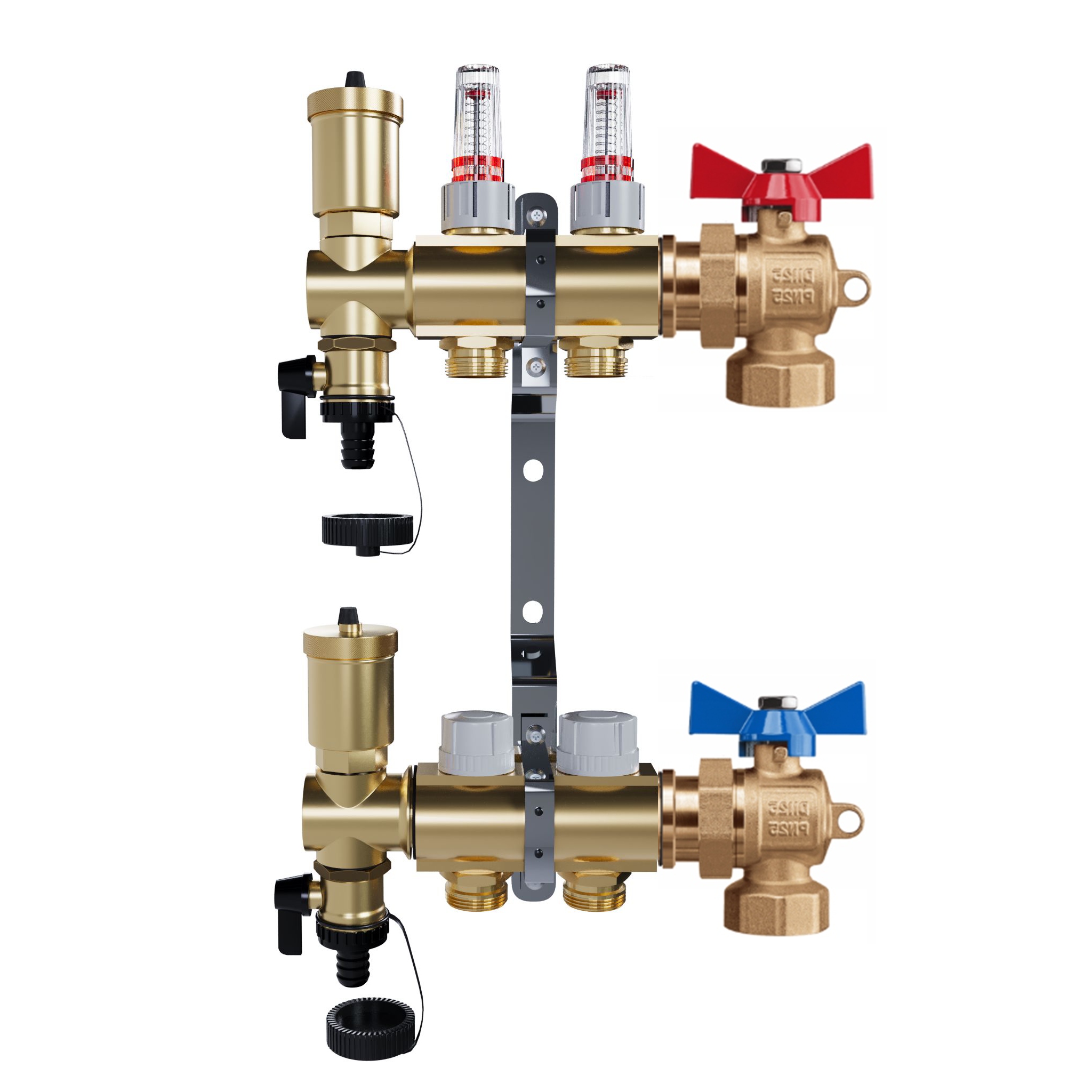 Rozdělovač pro podlahové vytápění – 2 okruhy Úhlové kulové ventily