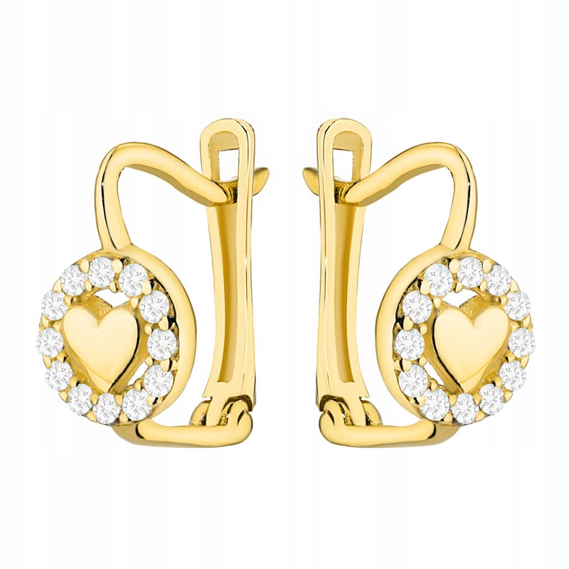 Zlaté Náušnice Anglické pr. 585 Srdce v Kolečku A Zirkony 14k