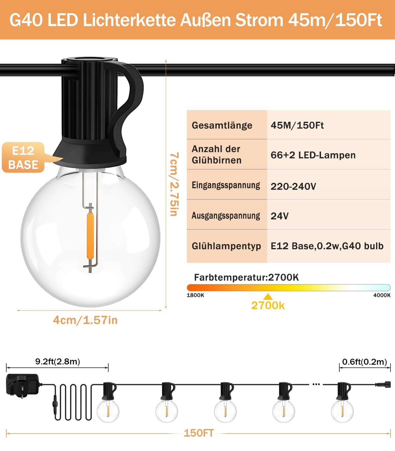 JEYMORKEY Girlanda Świetlna Lampki Zewnętrzne 45M 66+2 G40 — miniatura 3
