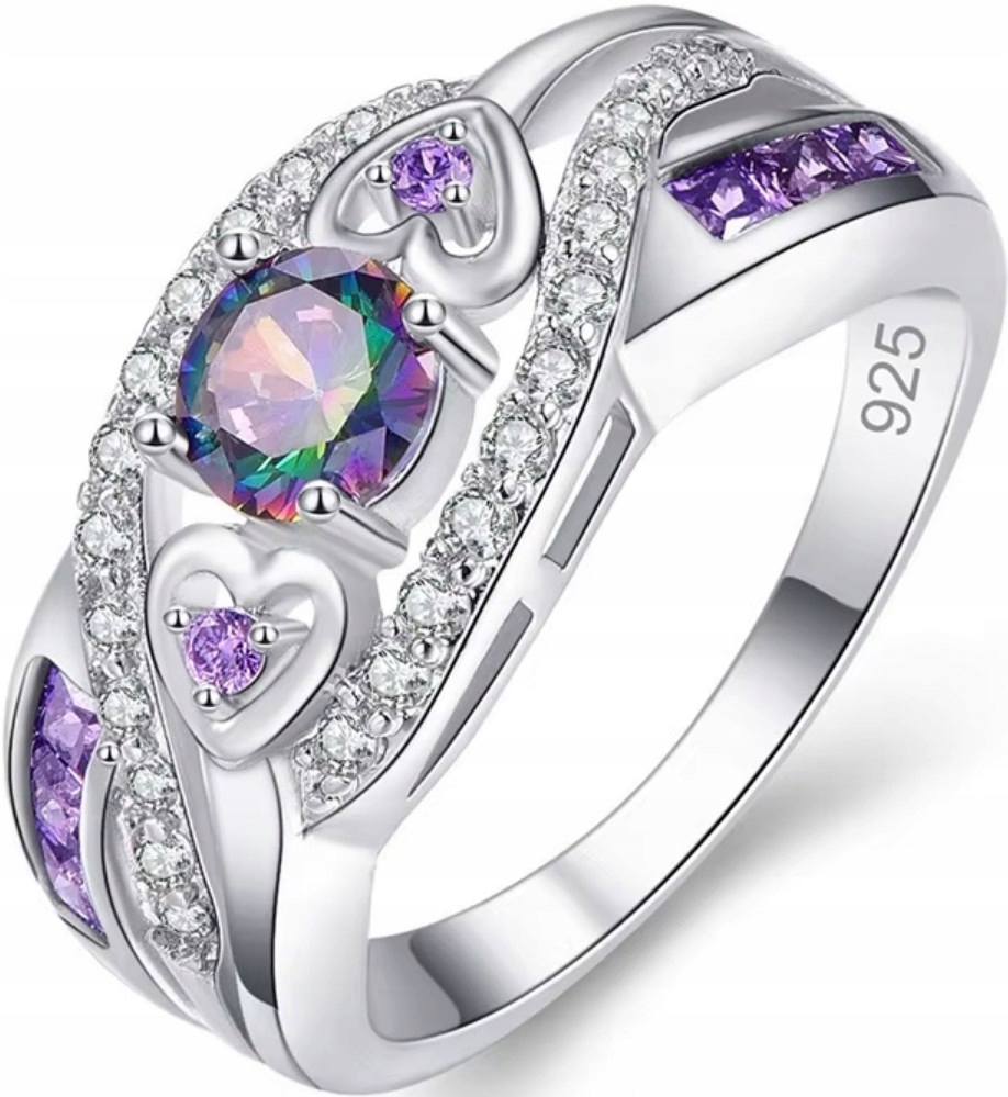 Stříbrný Prstýnek s ametysty a zirkony srdce Ocel