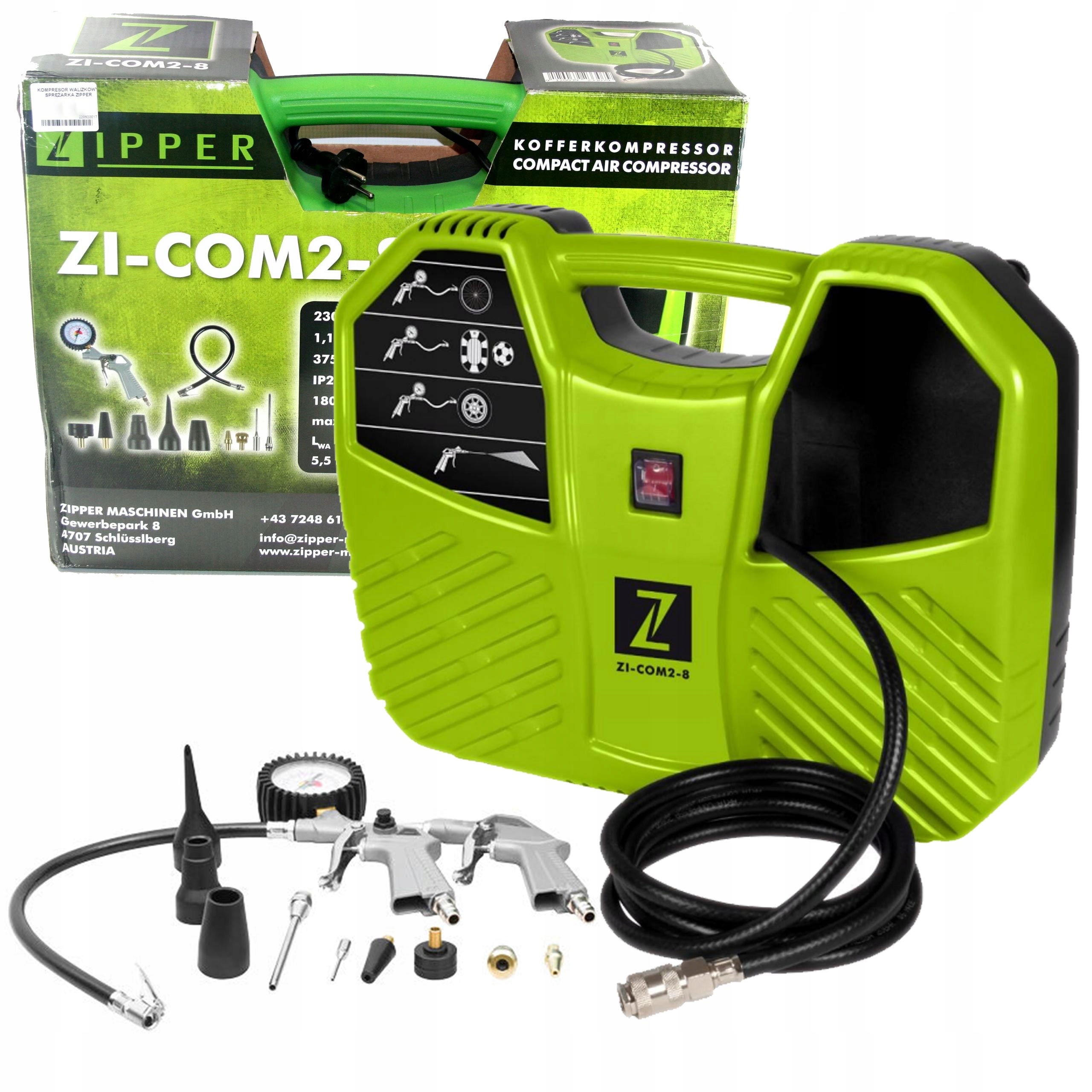MAŁY KOMPRESOR BEZOLEJOWY PRZENOŚNY WALIZKOWY ZIPPER ZI-COM2-8 1,1kW 8 BAR