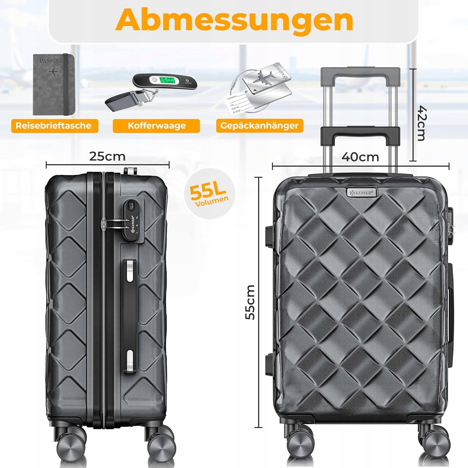 Walizka Podróżna Twarda Kesser 55L 25 x 40 x 55 cm Antracyt