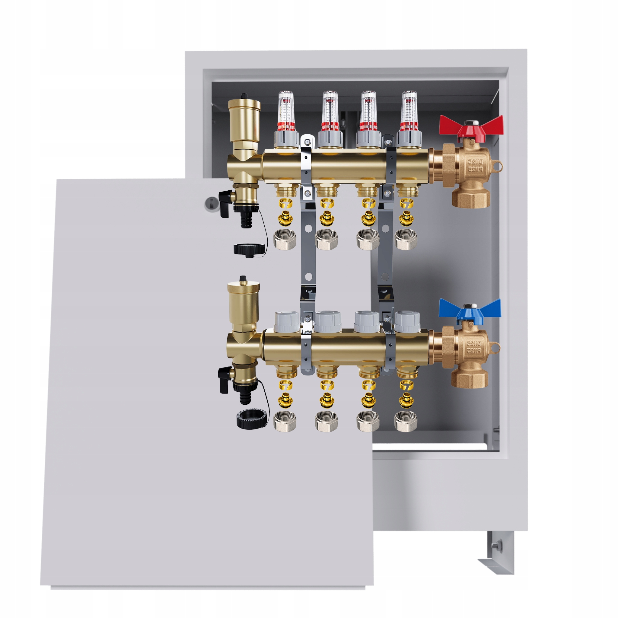 Rozdělovač podlahový mosazný 4 okruhy Podomítková skříň ventily Pex