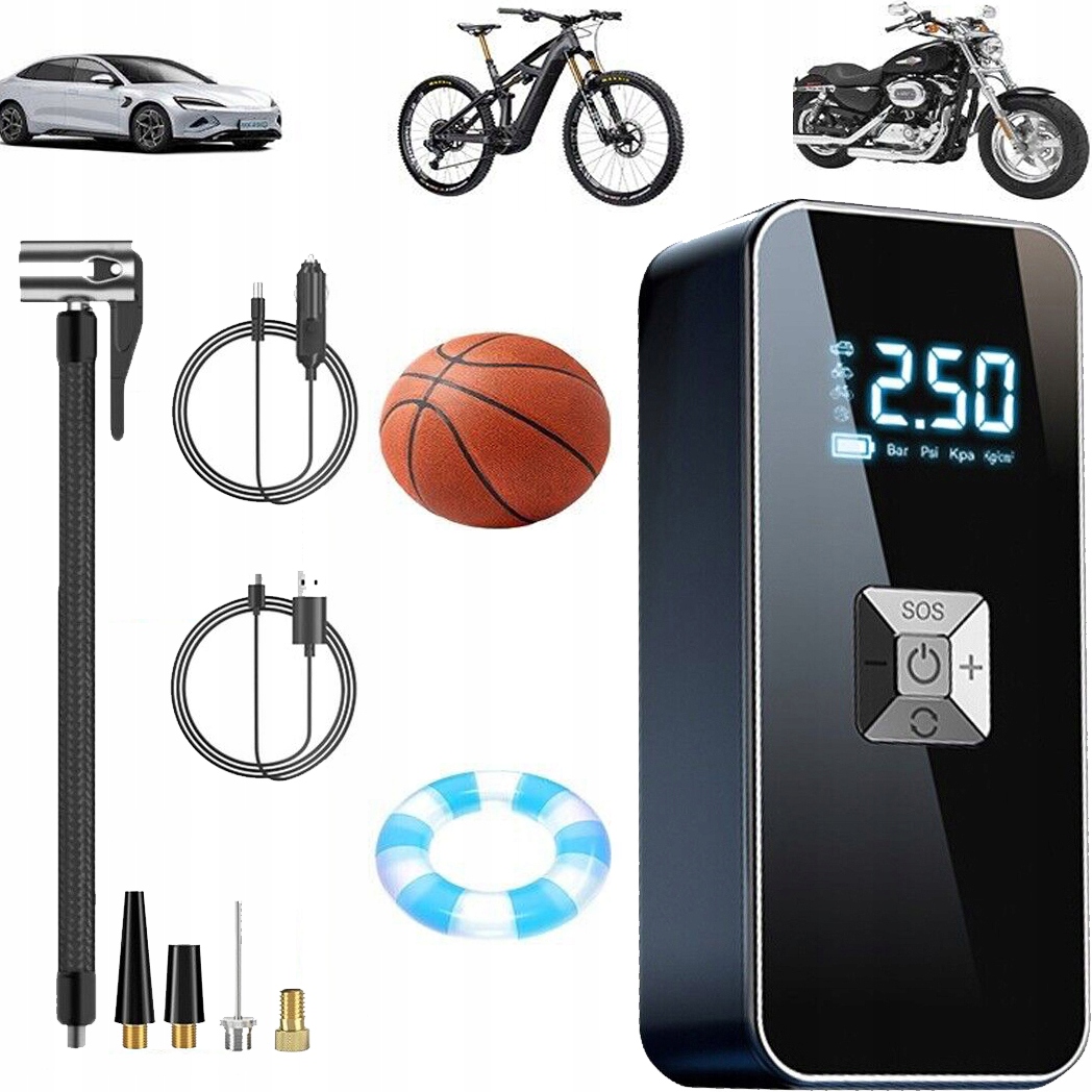 POMPKA AKUMULATOROWA KOMPRESOR SAMOCHODOWY LED POWERBANK – 5 TRYBÓW