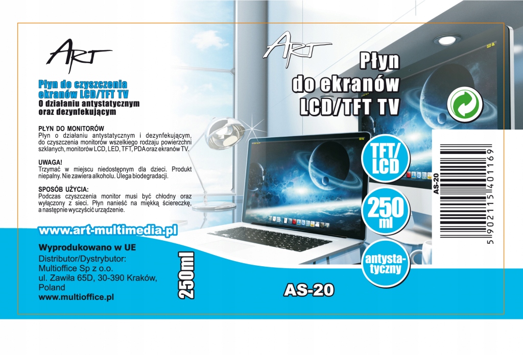 Płyn do czyszczenia ekranów LCD Monitorów 250ML AS-20 ART