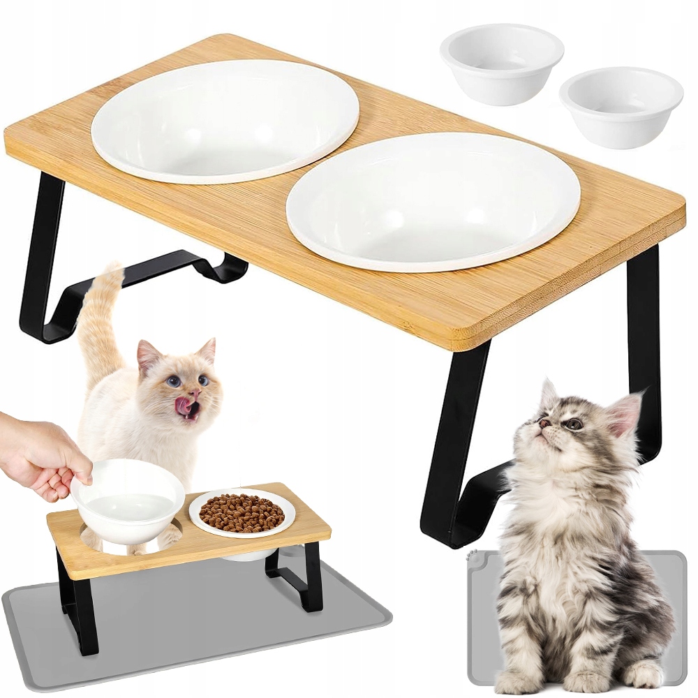 Levně Keramická Miska Pro Psa Kočky 2 Misky Do Stojanu Dřevěná Základna
