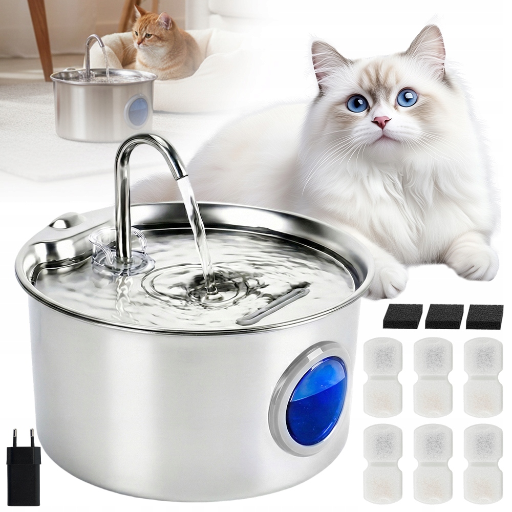Napáječka Fontána Pro Kočky Psa Automatická Nerezová 2.6L Filtr