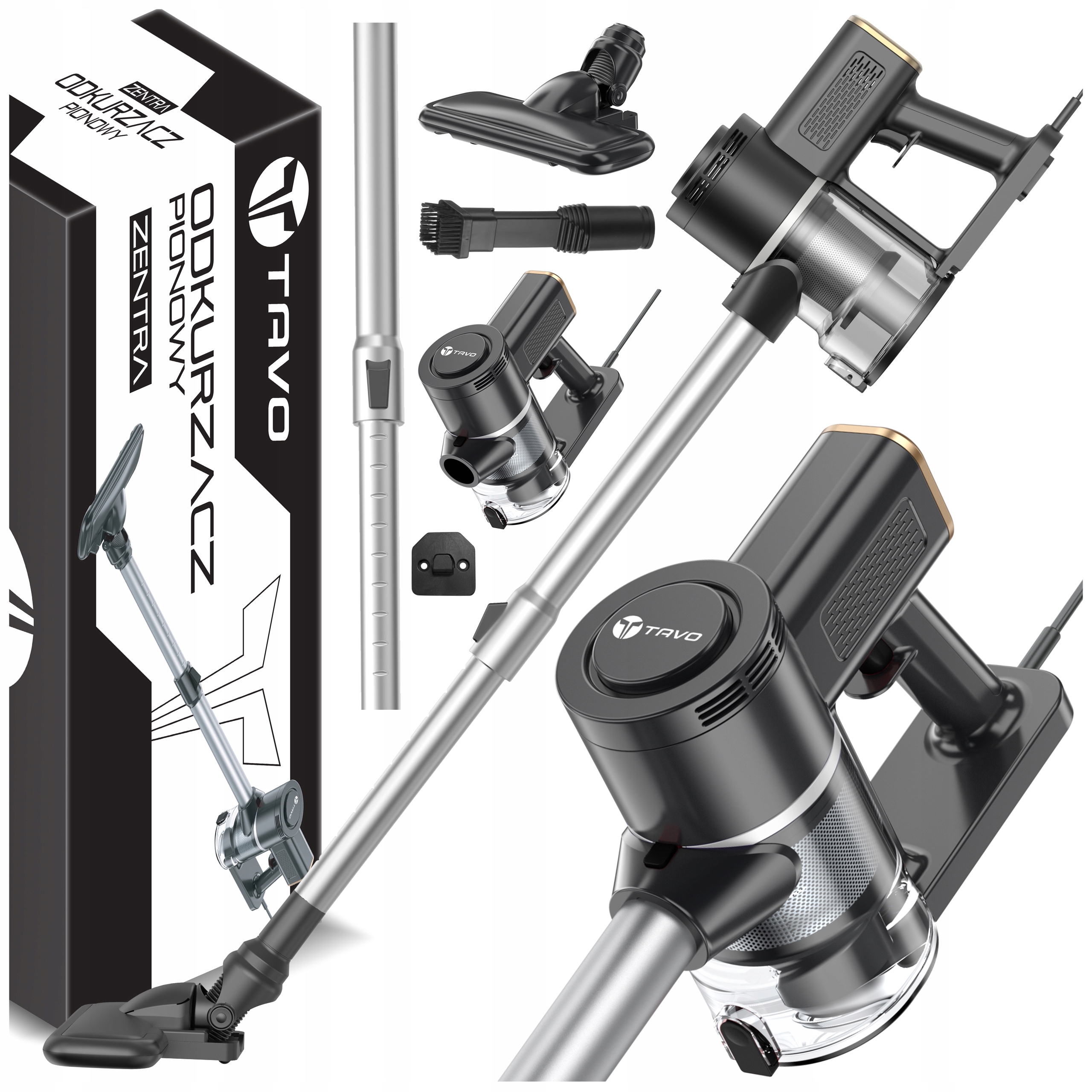 Odkurzacz Ręczny Pionowy Przewodowy 650W Mocny Cichy Lekki Led Końcówki