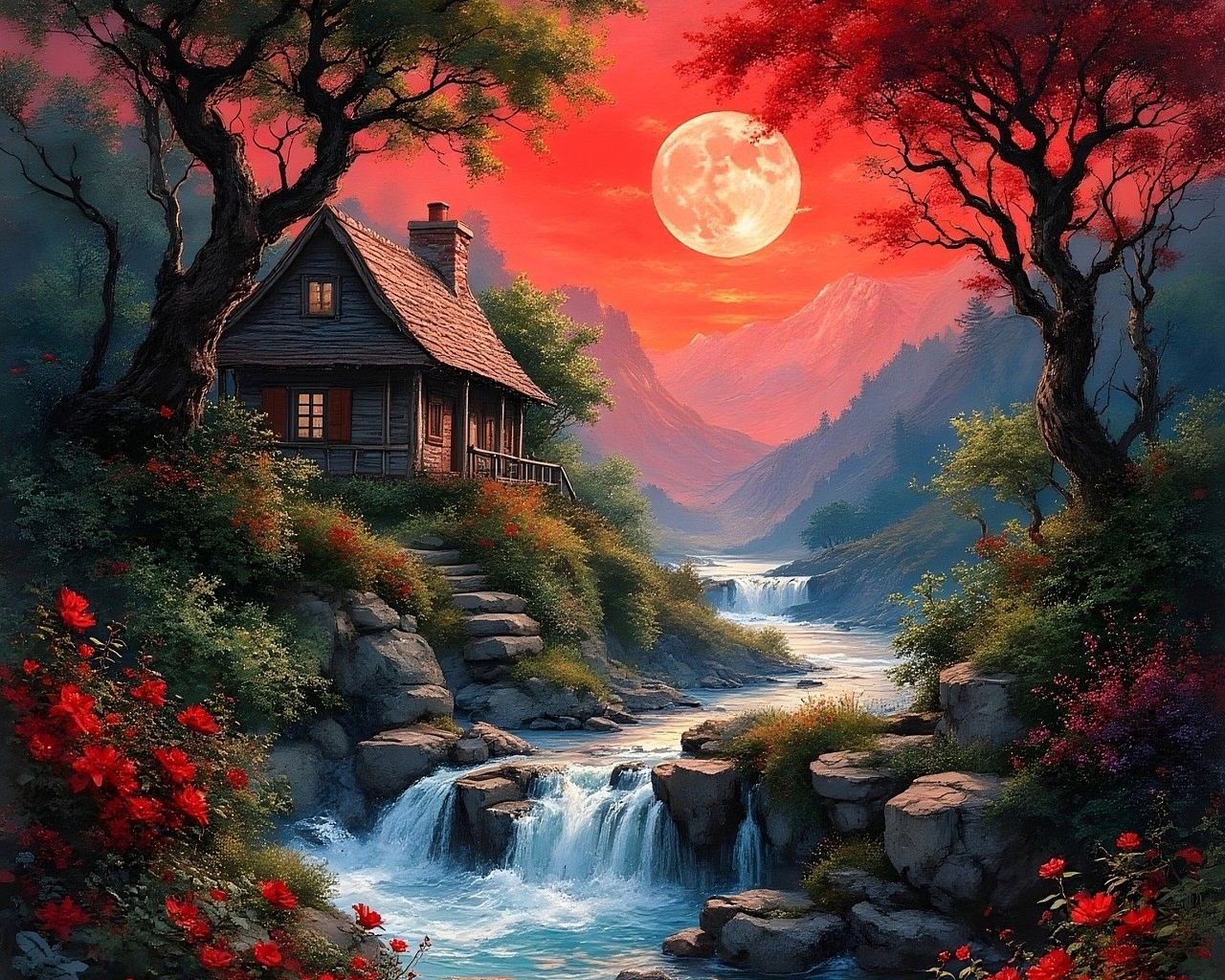 Diamantové malování Krajina Dům Květiny Vodopád Měsíc Příroda Velký 80x100 cm