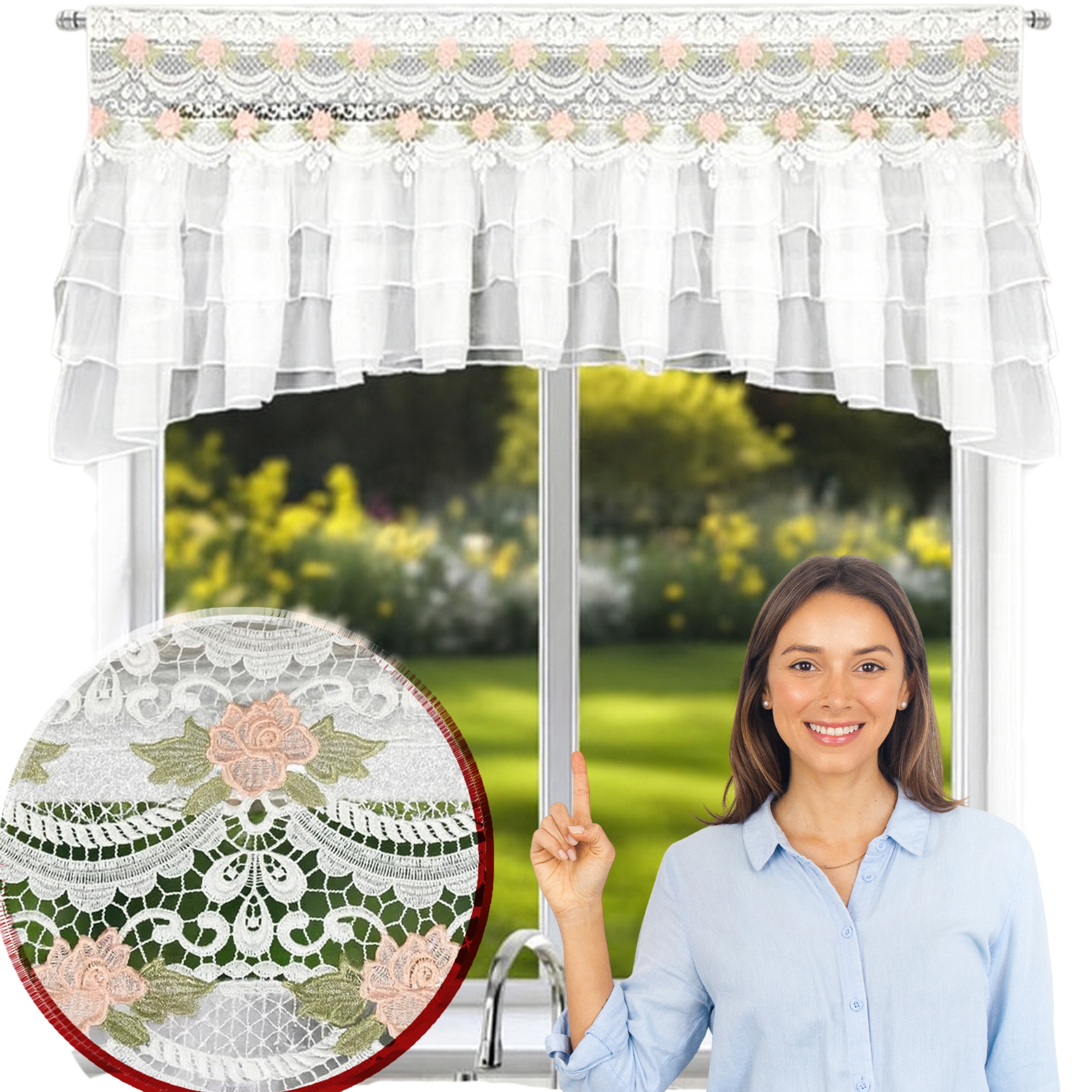 Firana Gotowa Woal Biała Z Falbankami I Gipiurą Z Kwiatowym Haftem 200x70