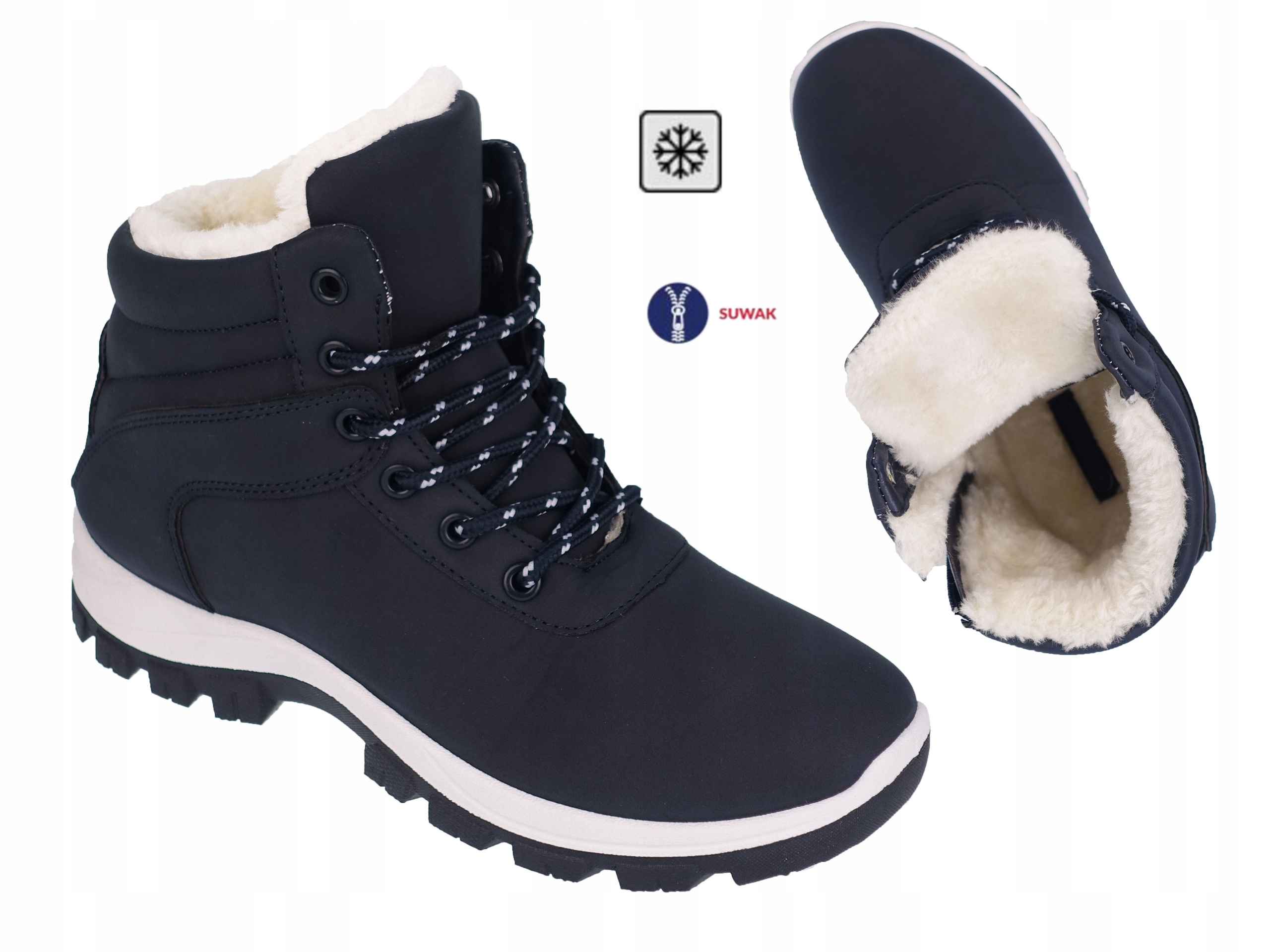 DAMSKIE BUTY ZIMOWE DZIEWCZĘCE OCIEPLANE KOŻUCHEM Z ZAMKIEM