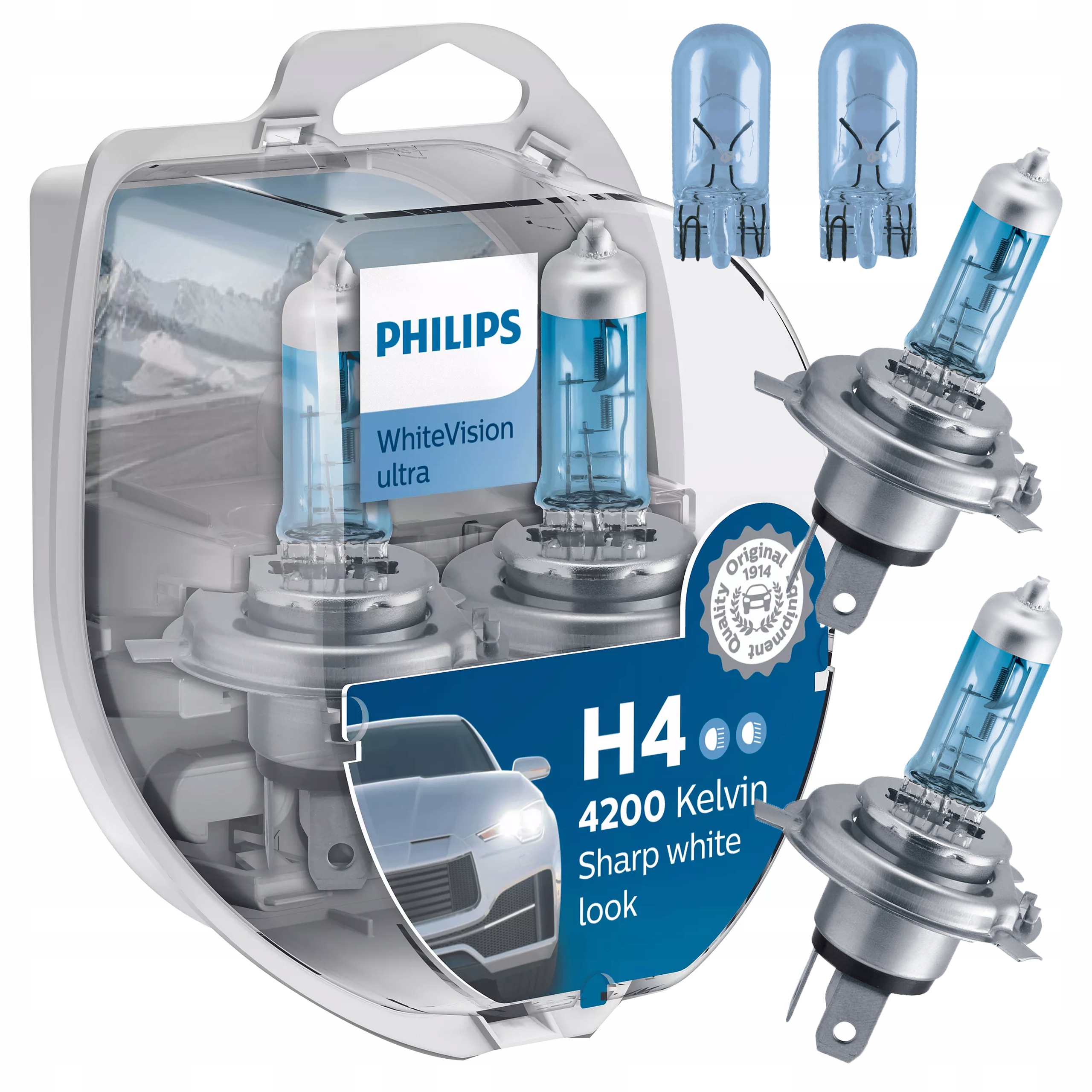 Philips Żarówki H4 WHITE VISION ULTRA 4200K + W5W