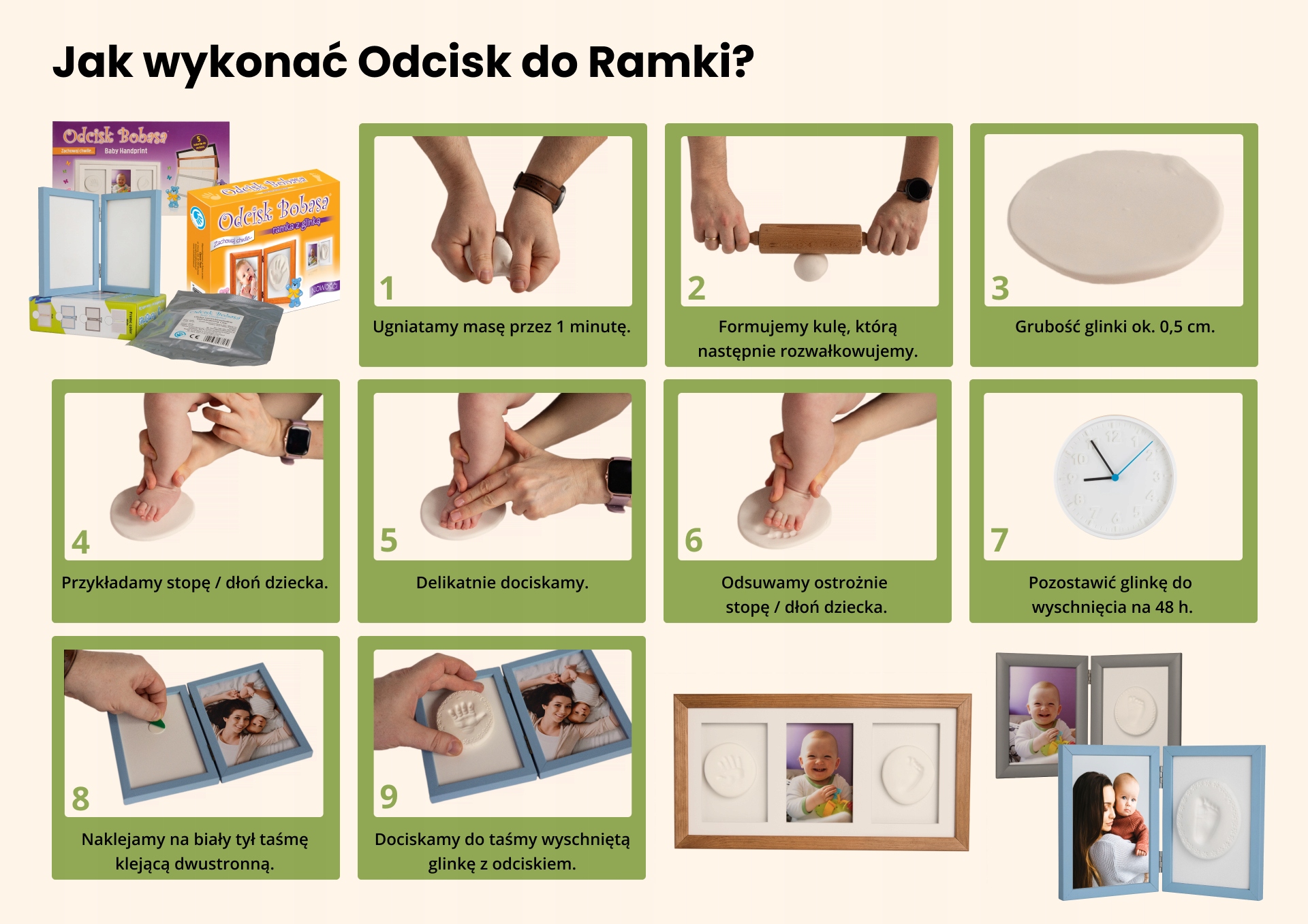 ODCISK BOBASA POTRÓJNA RAMKA Z GLINĄ RĄCZKI STÓPKI - Idealny prezent Szerokość produktu 42 cm