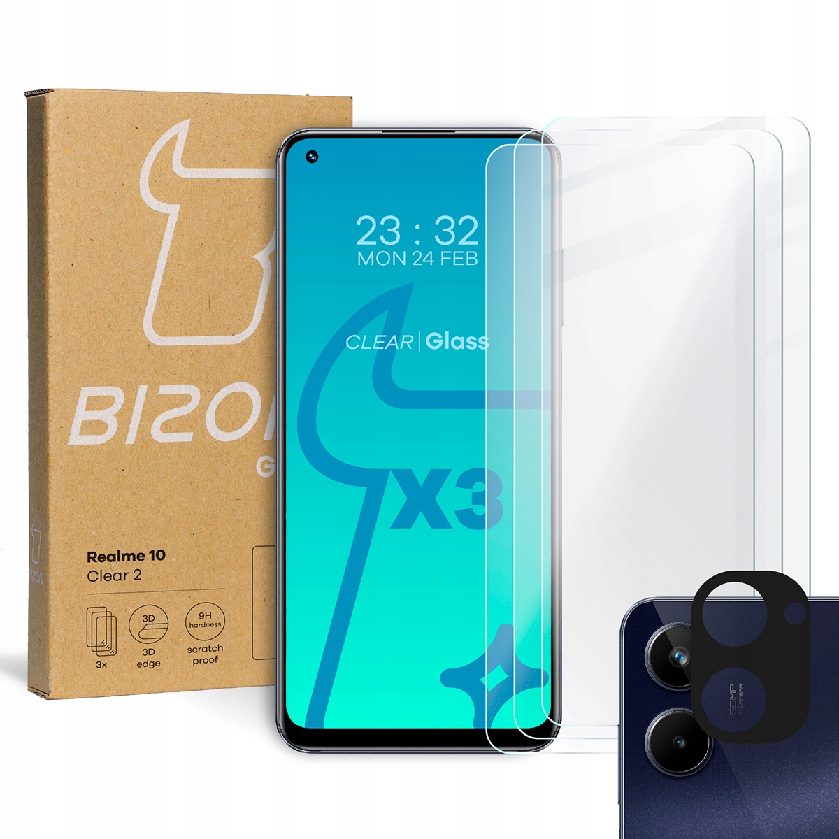 

3x Szkło +szybka na aparat Bizon do Realme 10