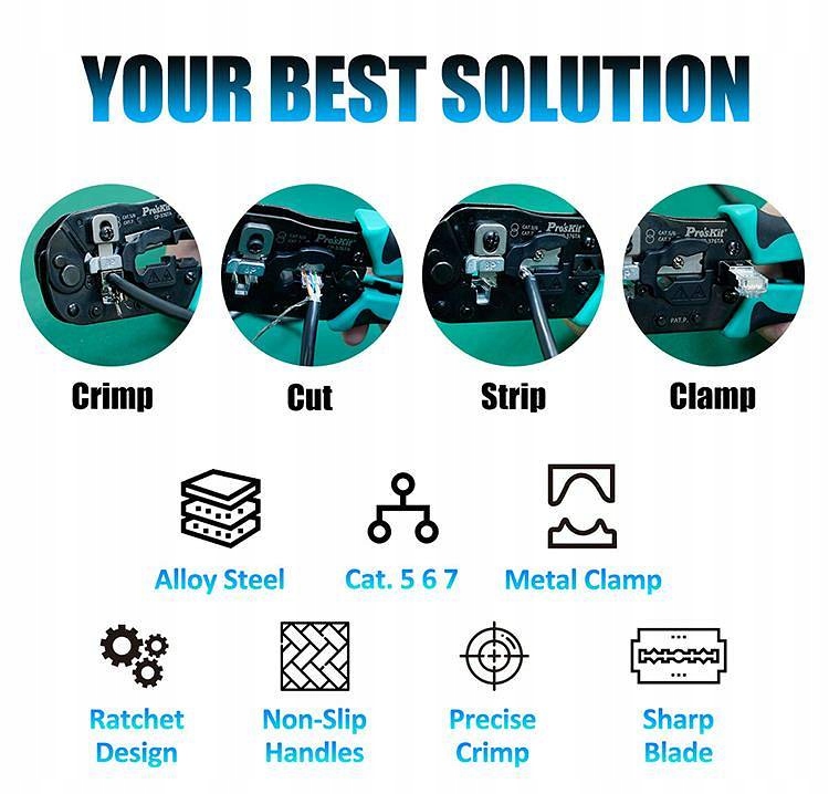 Zaciskarka wtyków modularnych RJ45 CAT.5 CAT.6 CAT.7 HQ Proskit CP-376TA Marka Proskit