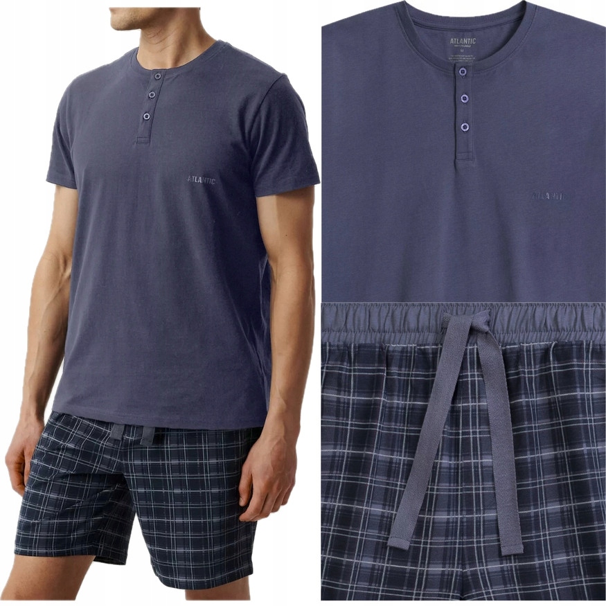 Pánské Pyžamo Atlantic NMP380/DEN/GRA Krátký Rukáv Kraťasy Kostkované XXL