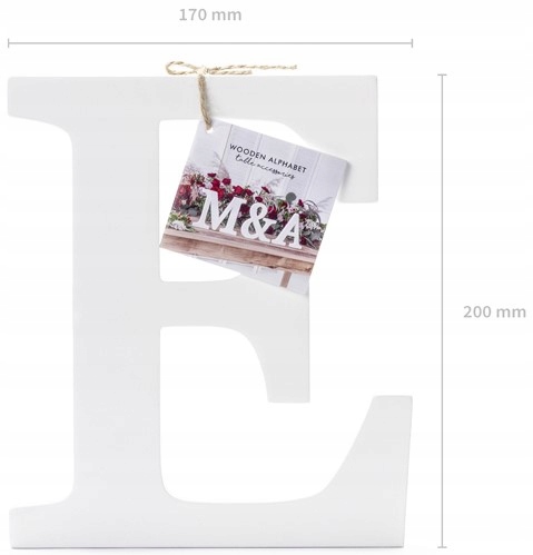 DREWNIANA LITERA E BIAŁA 20 CM DEKORACJA INICJAŁY NA WESELE KOMUNIE OZDOBA Wysokość produktu 20 cm
