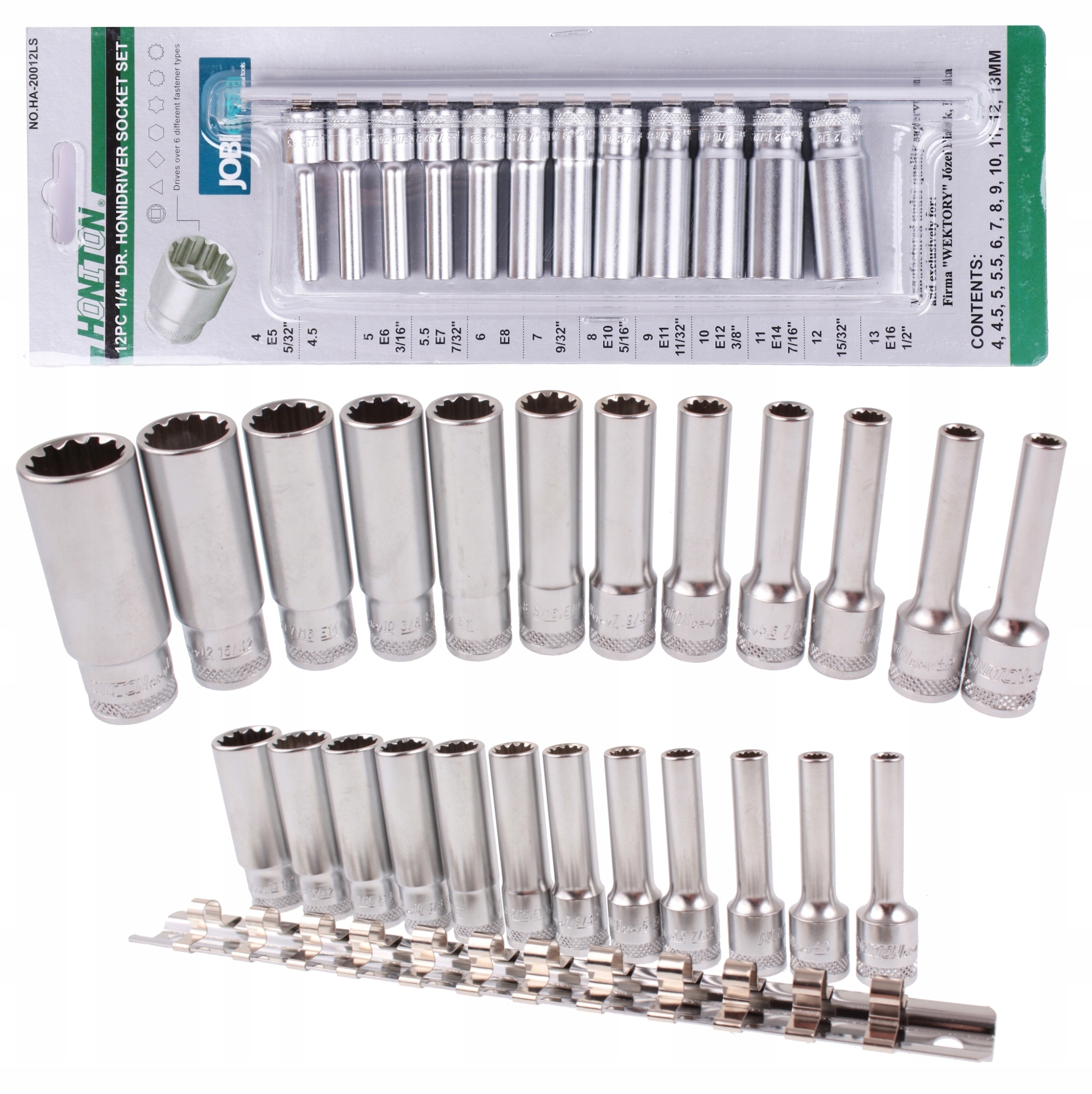 Zestaw Nasadek Honidriver 1/4" 4-13mm E5-E16 5/32-1/2" 12 El.