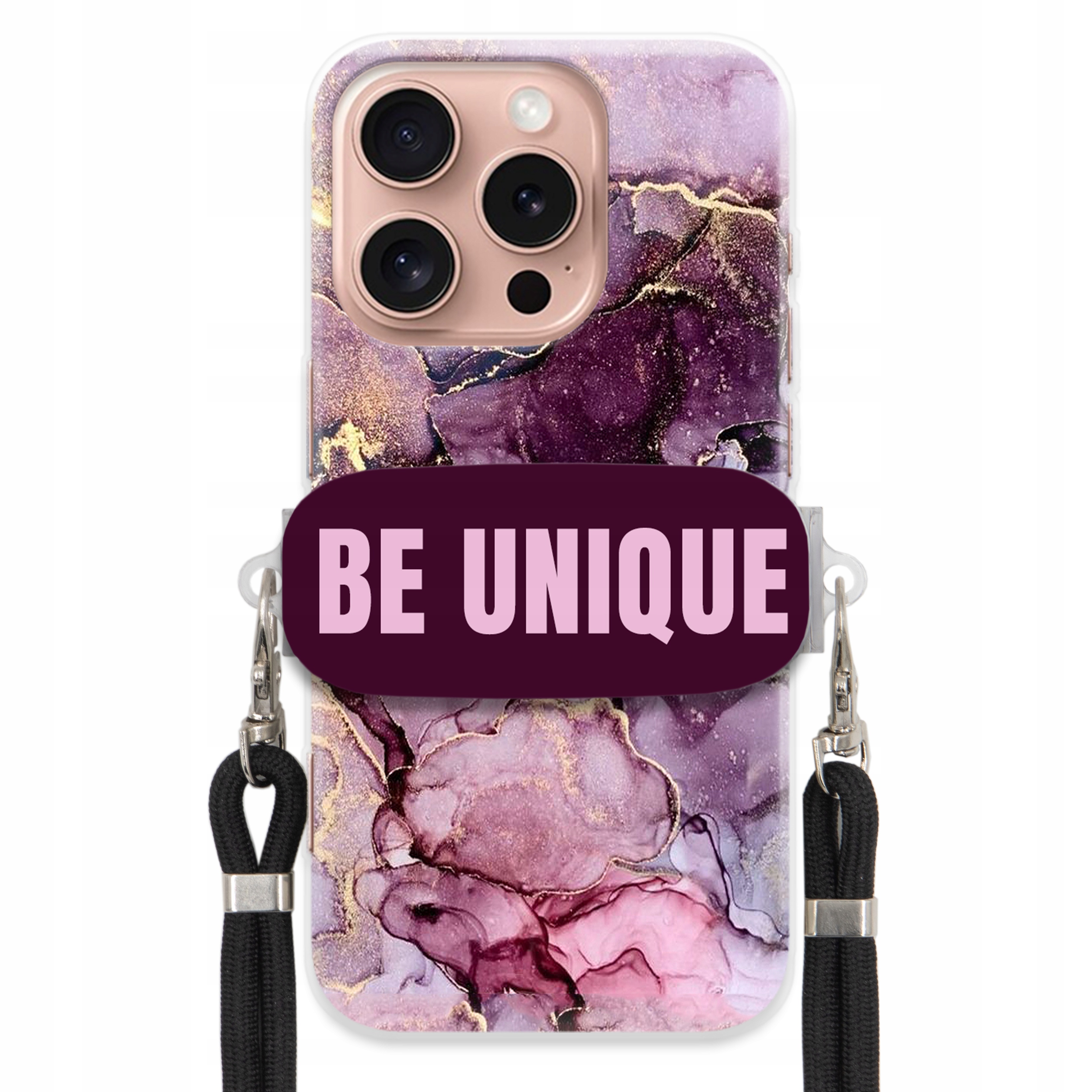 Prémiové puzdro pre iPHONE 16 Pro Case Uchywt Šnúrka Čierna Fialový Mramor