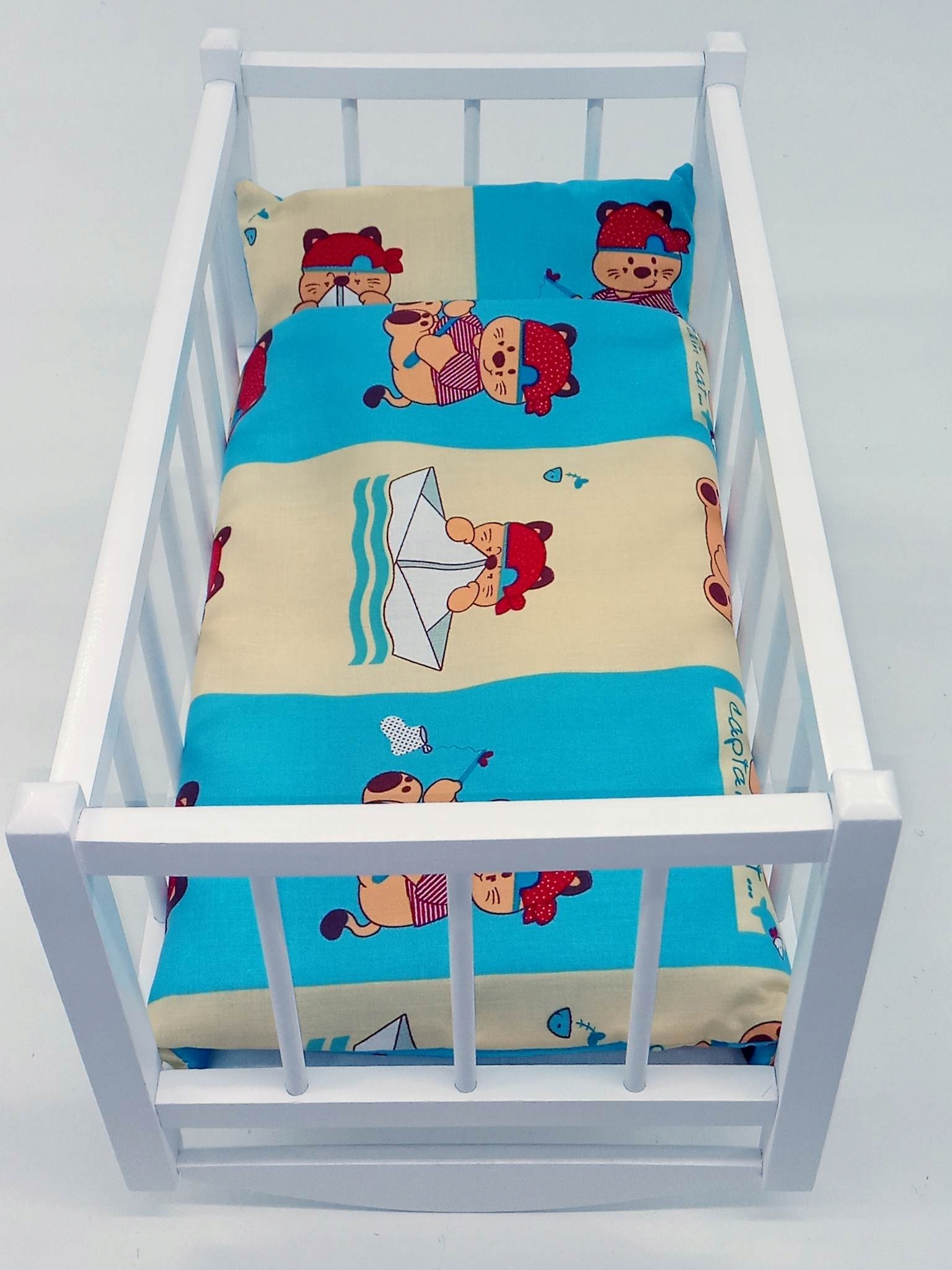 KOŁYSKA DLA LALEK BIAŁA DREWNIANA + POŚCIEL 3el