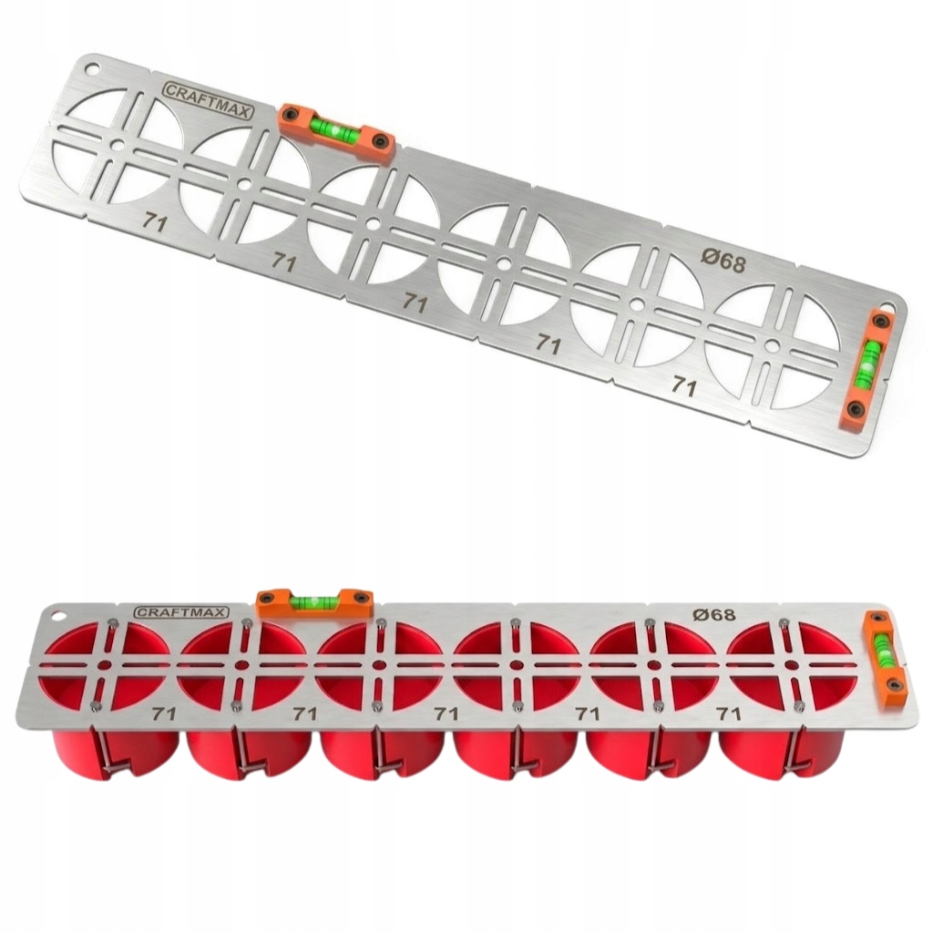 Szablon wzornik do puszek elektrycznych Ø68 rozstaw 71mm poziomica 6P Inox
