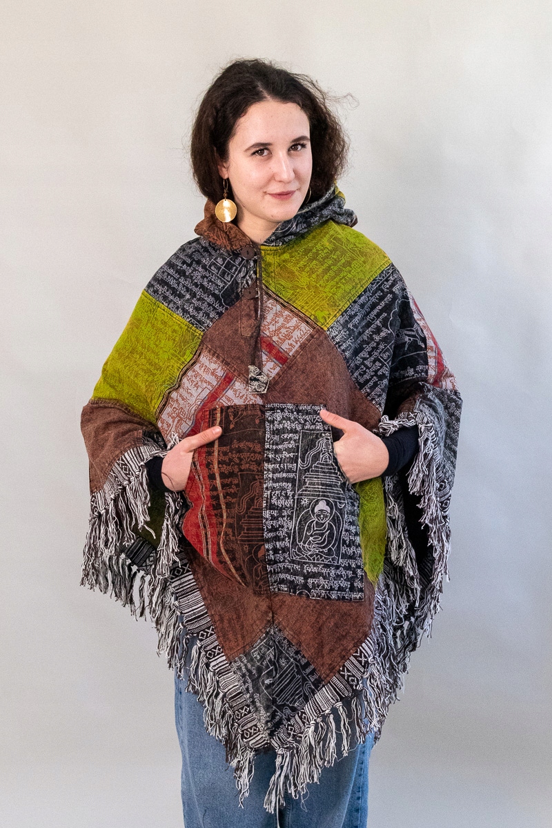 Bavlněné pončo z Nepálu s třásněmi a pončem – pláštěnka s kapucí