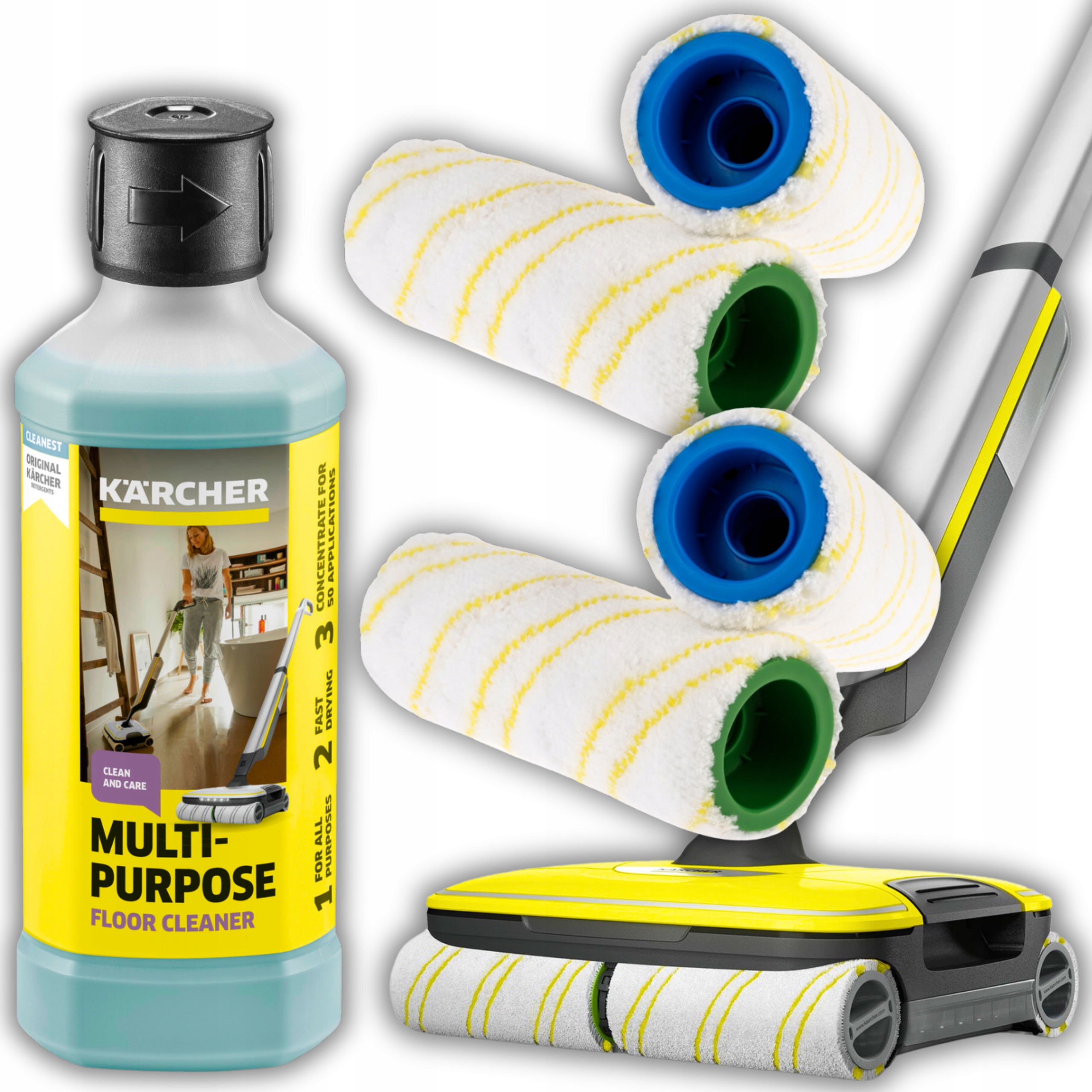 KOMPLET DO MOP KARCHER FC3 FC5 FC7 FC8 4x PADY ROLKI PUREY +PŁYN DO PODŁÓG