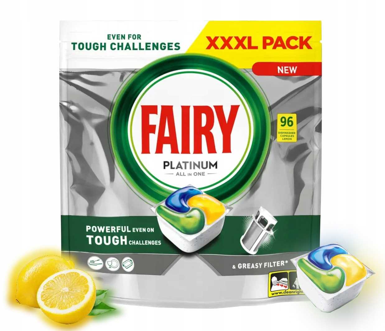 Levně Kapsle Fairy Platinum All In One do myčky nádobí Citronové 96 Kusů Giga Pack