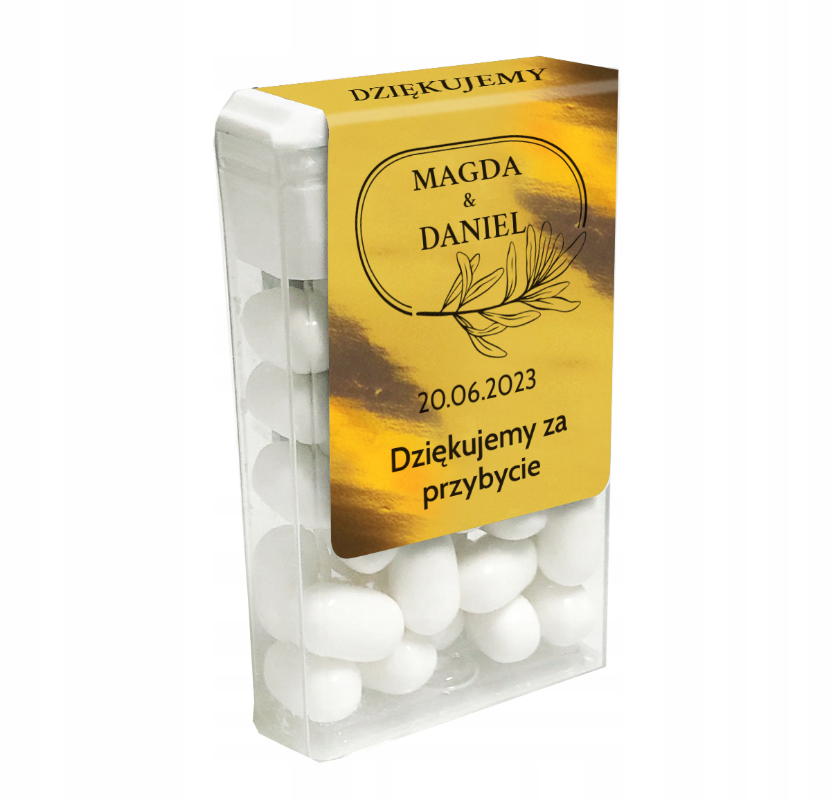 

Naklejki na Tic Tac Wesele Dziękujemy złoty