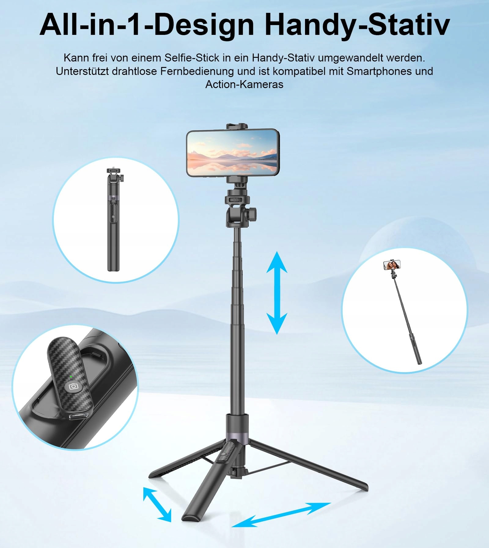GAHENWO Statyw Selfie 173cm Tripod Do Kamer Akcji i Telefonów Z Pilotem — miniatura 6