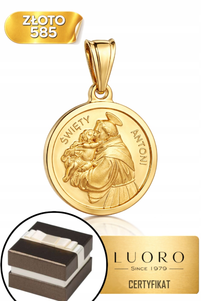 Zlatý Medailon 585 14K Svatý Antoni Žluté Zlato 2,7 CM Kolečko 19 MM