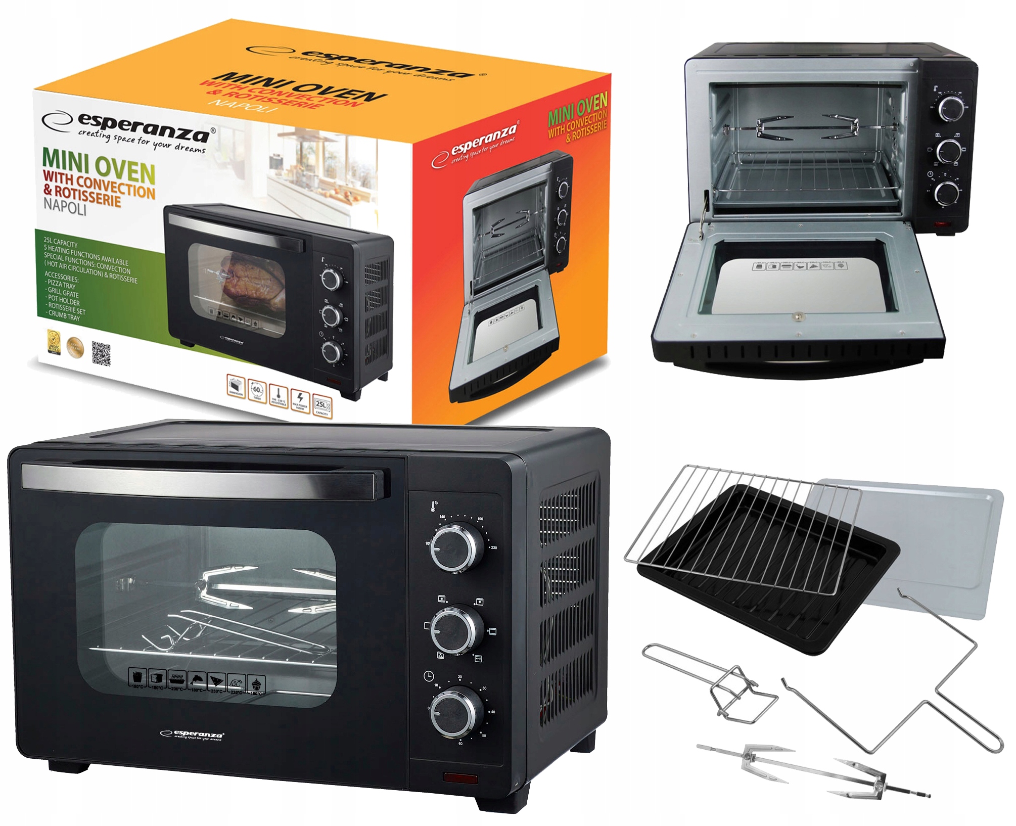 Mini Piekarnik 25L 1600W Konwekcja Rożen Obrotowy Z Termooobiegiem Timer