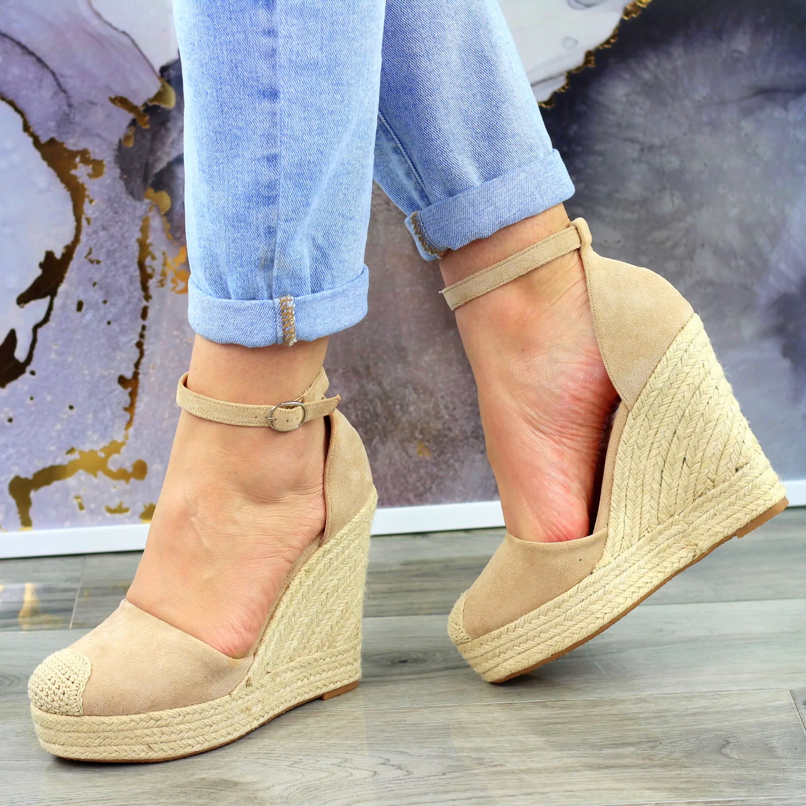 BEŻOWE SANDAŁKI DAMSKIE ESPADRYLE NA KOTURNIE Materiał zewnętrzny inny