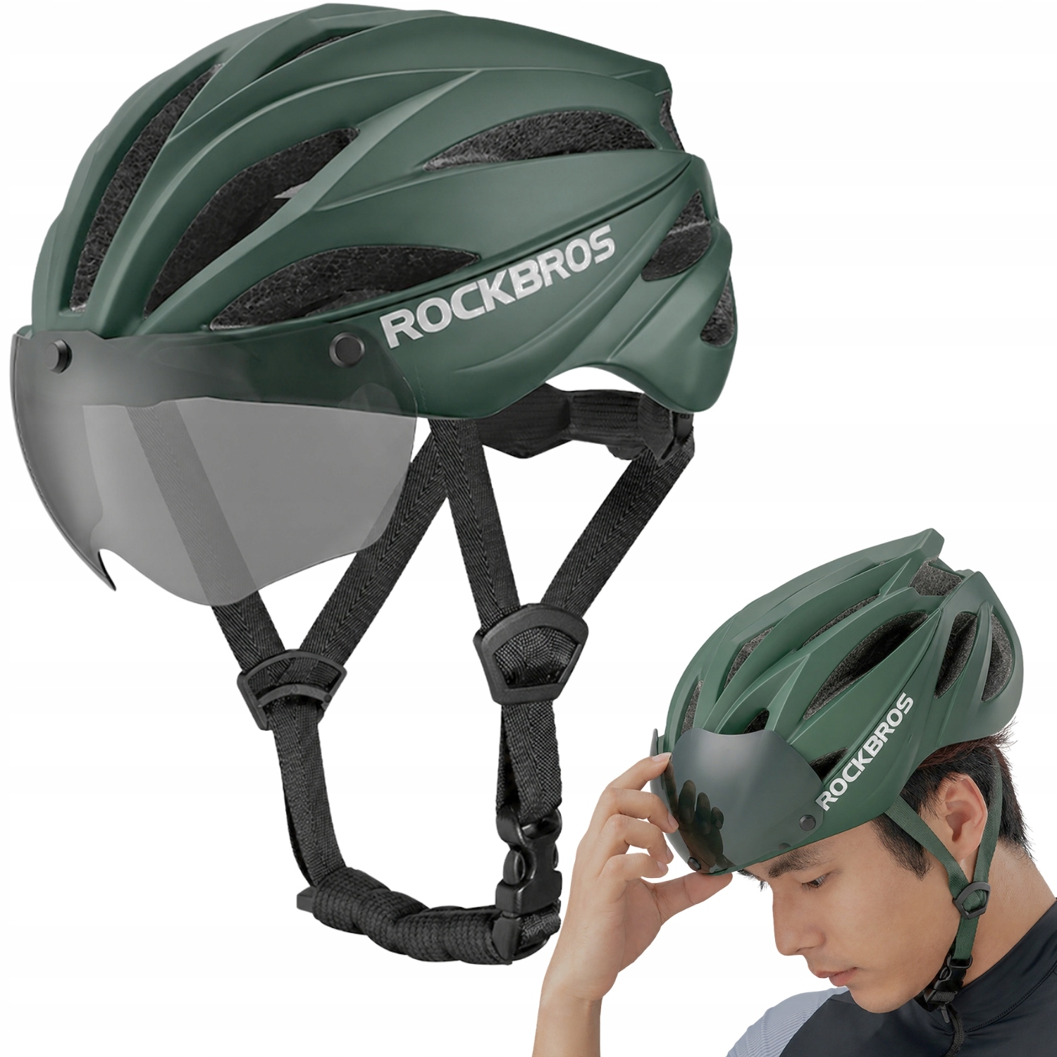 Rockbros Cyklistická silniční helma unisex s odnímatelnými Uv brýlemi, zelená