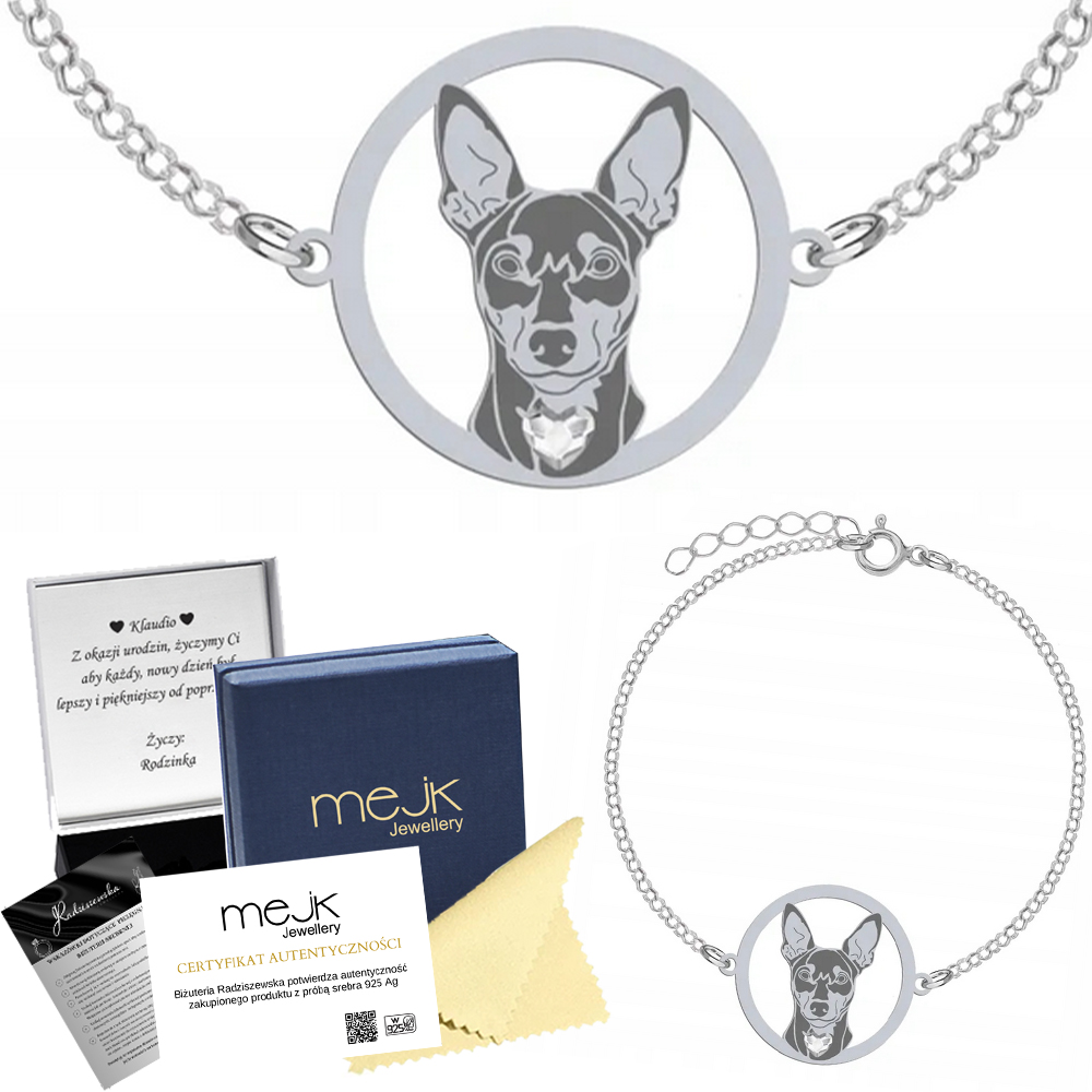 Stříbrný náramek s Miniaturní pinč se psem 925 Žena Šperky Gravírování