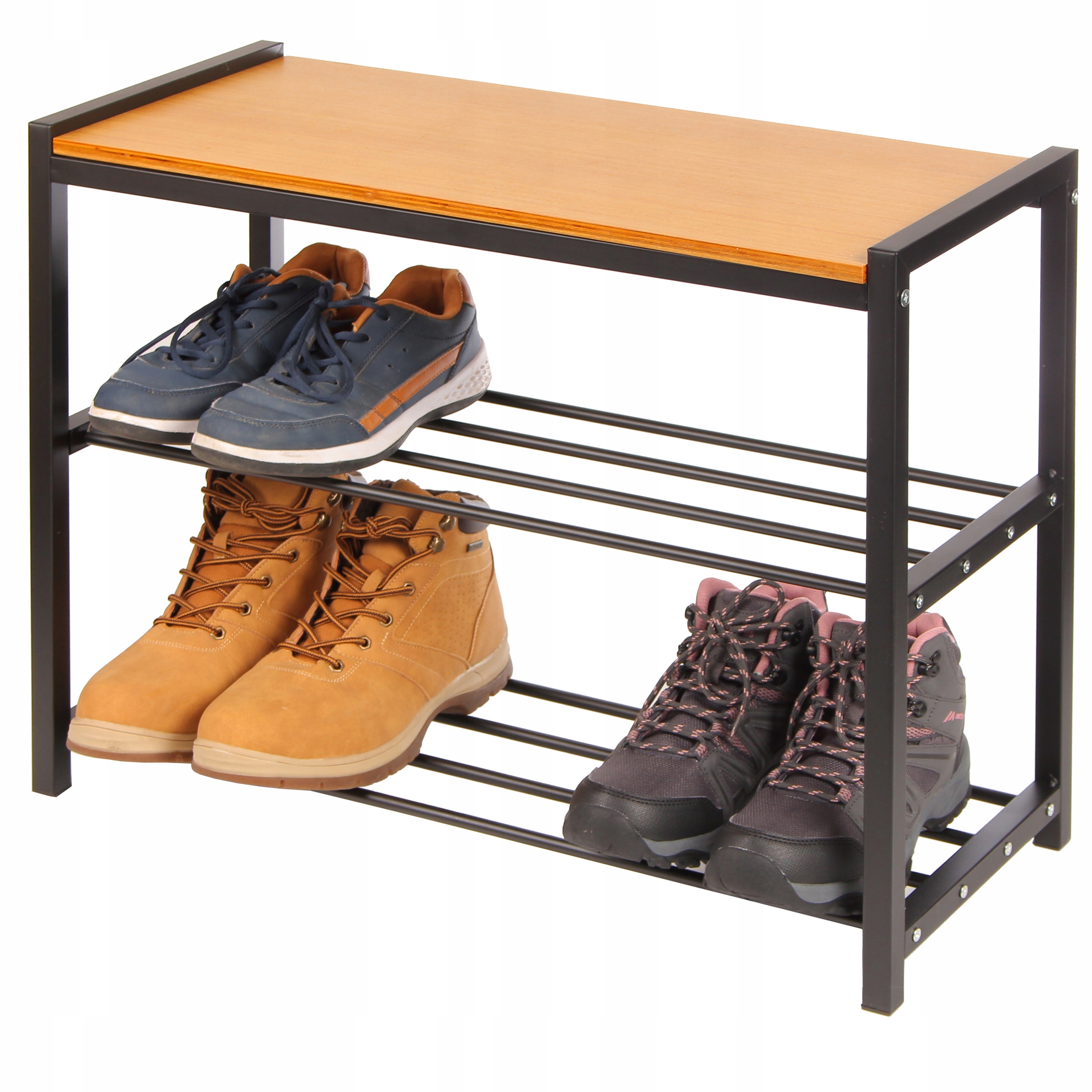 Półka stojak regał metalowy na buty organizer 3 poziomy z drewnianą półką