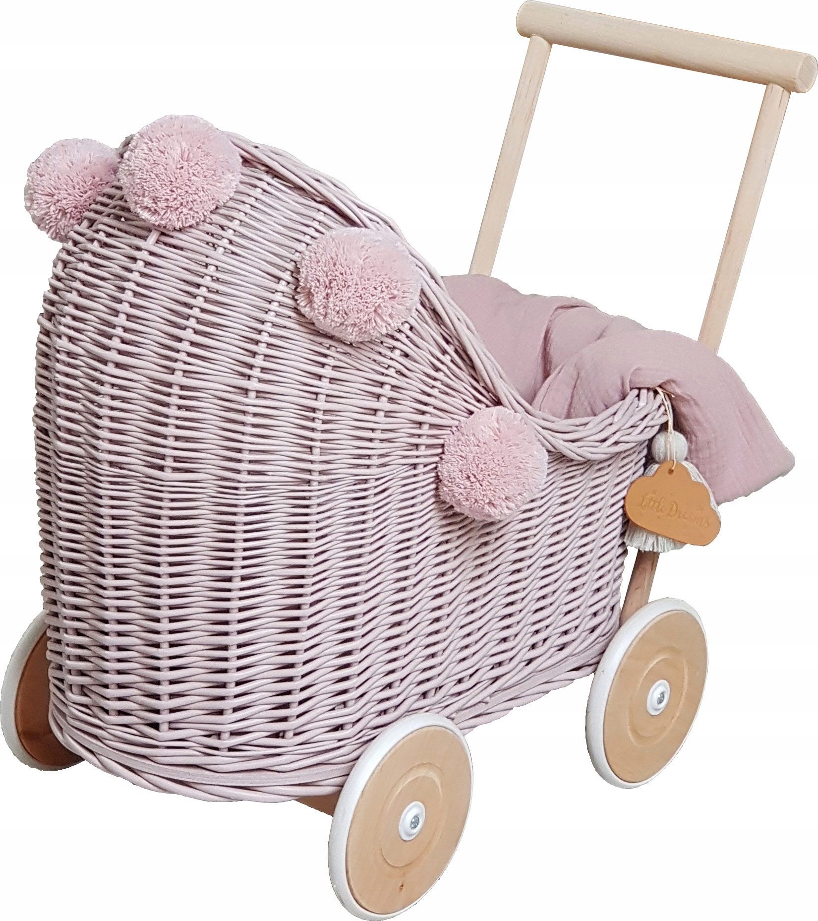 

Wózek Wiklinowy Dla Lalek Brudny Róż Pościel